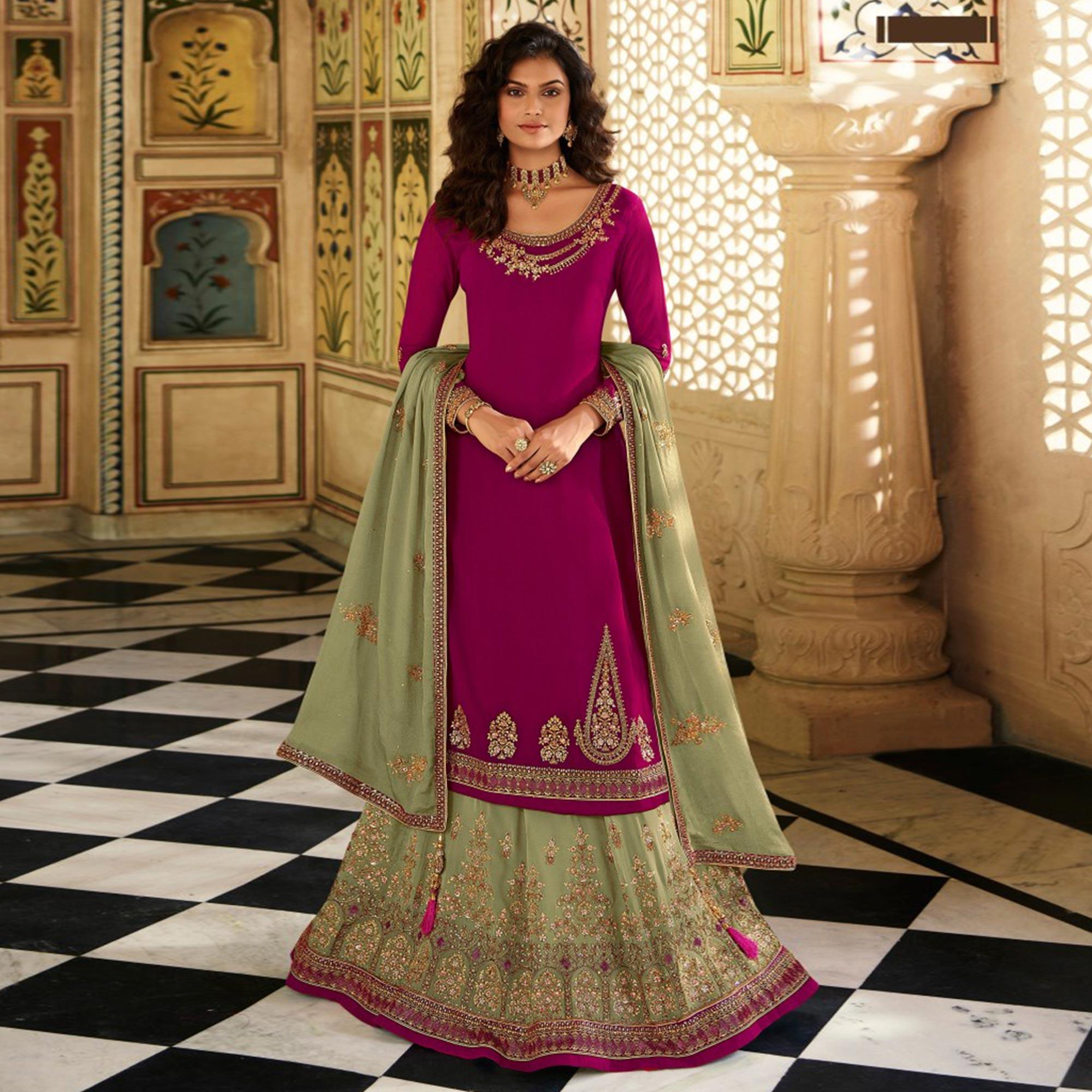 Green Embroidered Georgette Lehenga Kameez - Peachmode