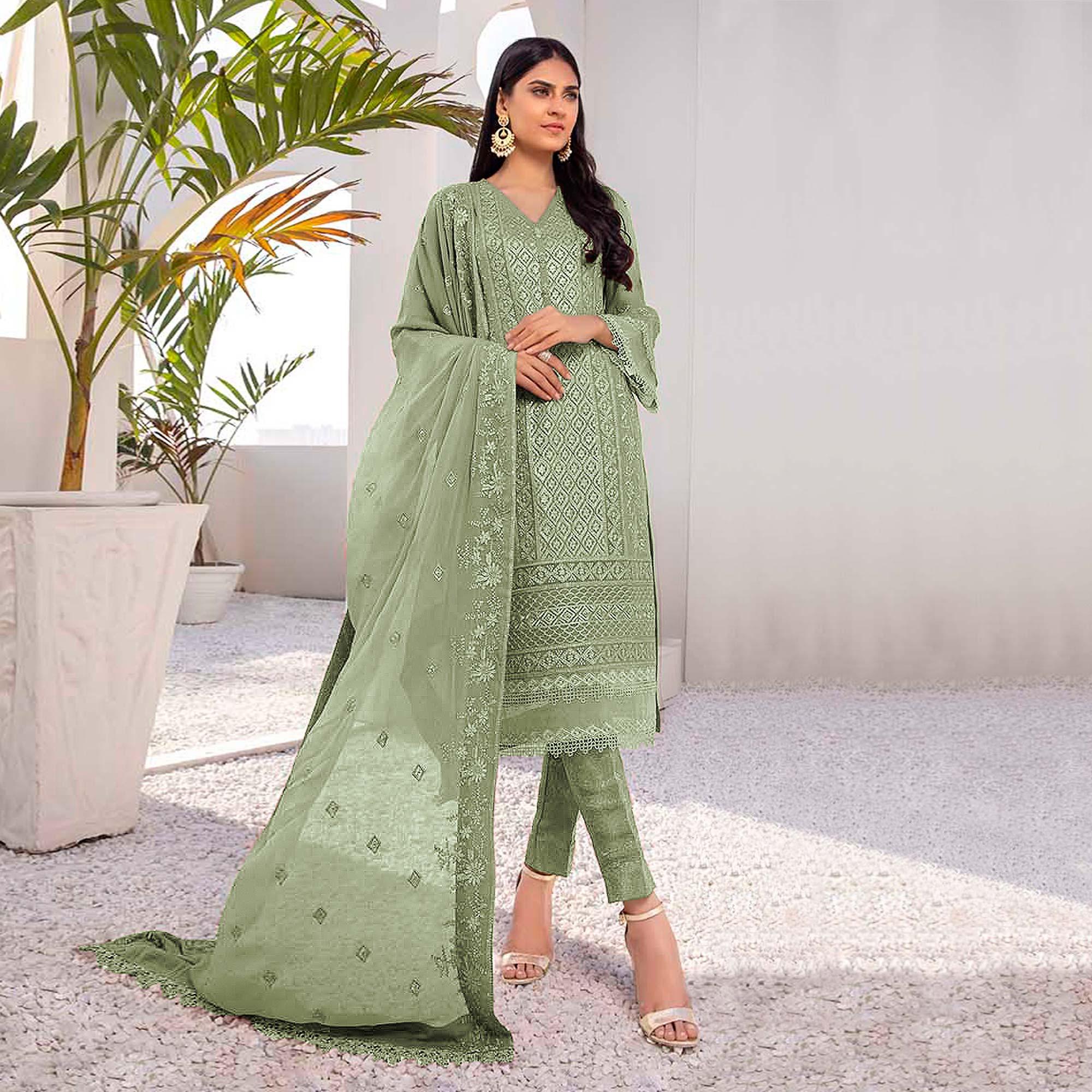 Green Embroidered Georgette Pakistani Suit - Peachmode