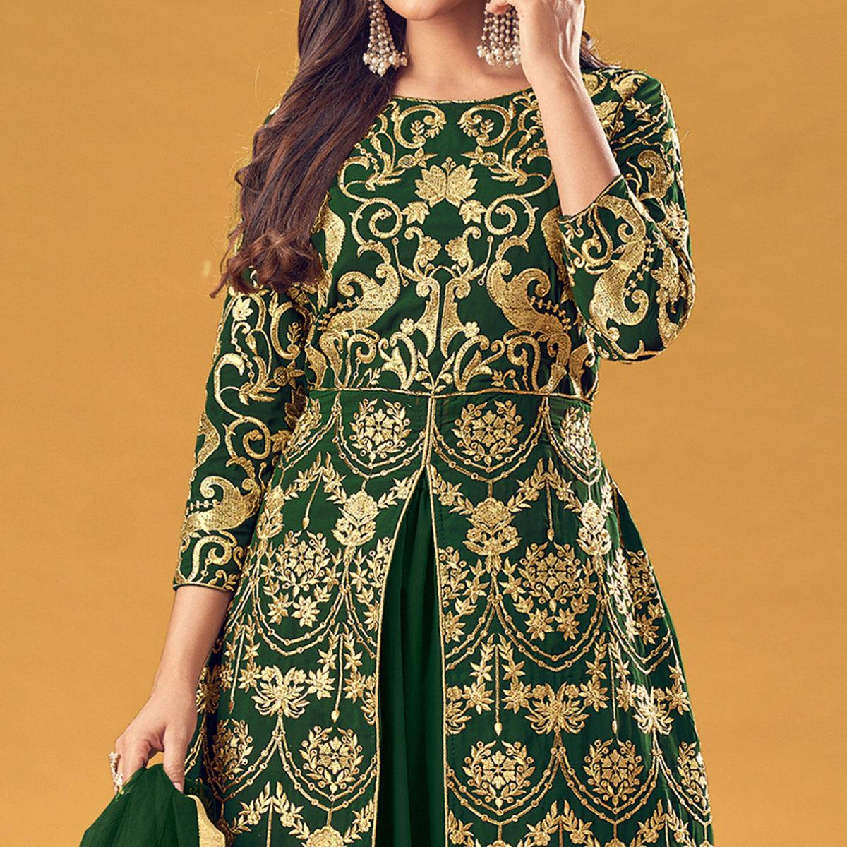 Green Embroidered Georgette Pakistani Suit - Peachmode
