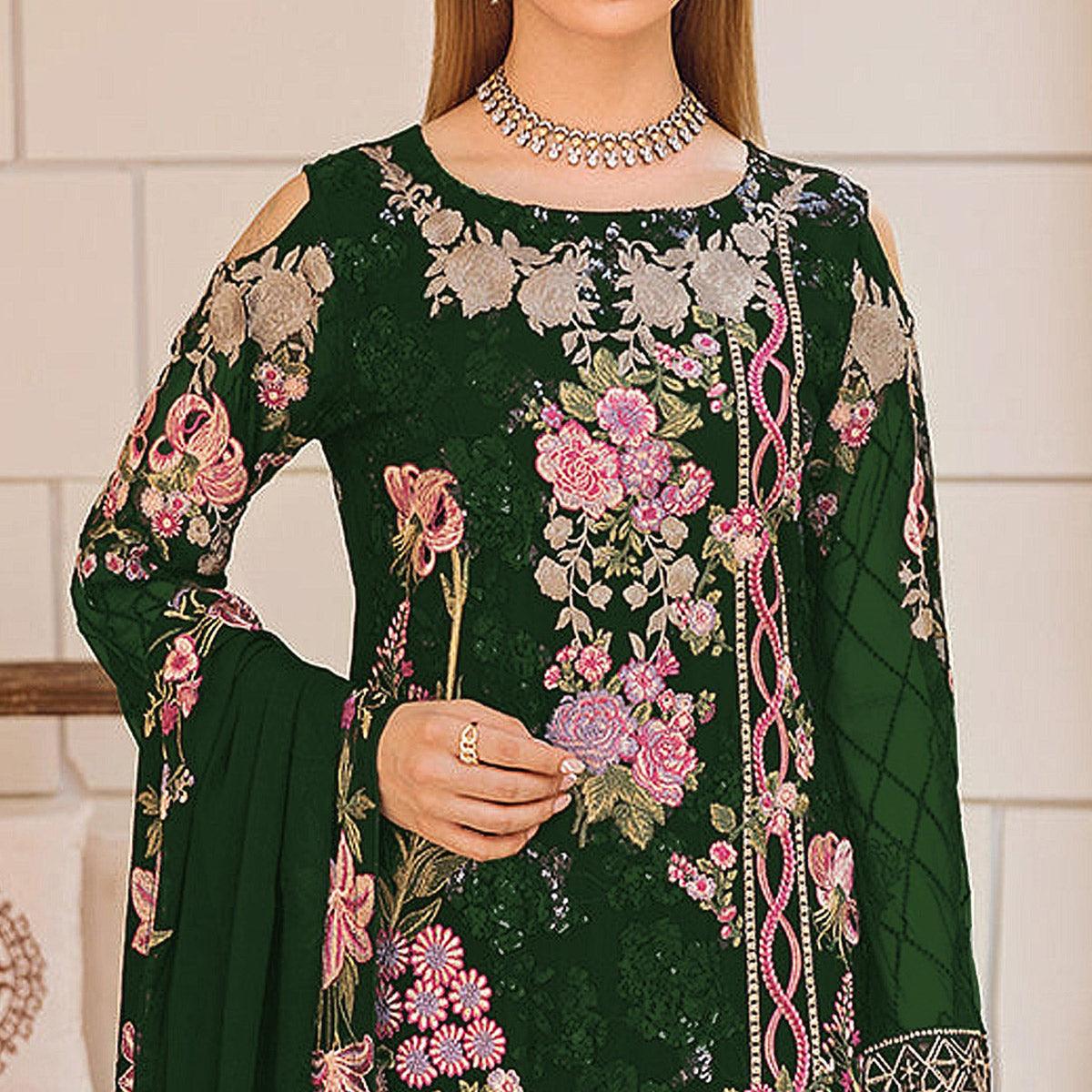 Green Embroidered Georgette Pakistani Suit - Peachmode