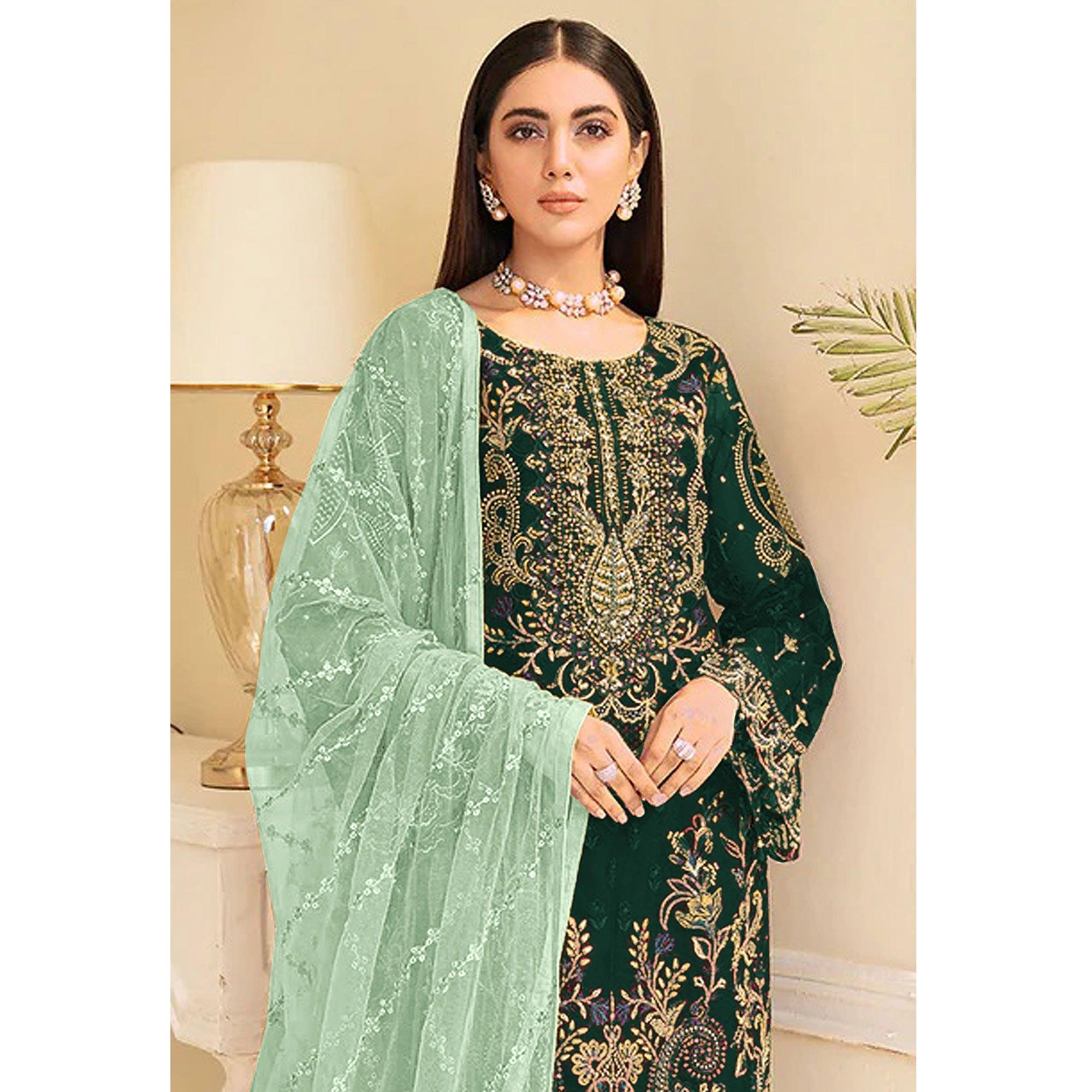 Green Embroidered Georgette Pakistani Suit - Peachmode