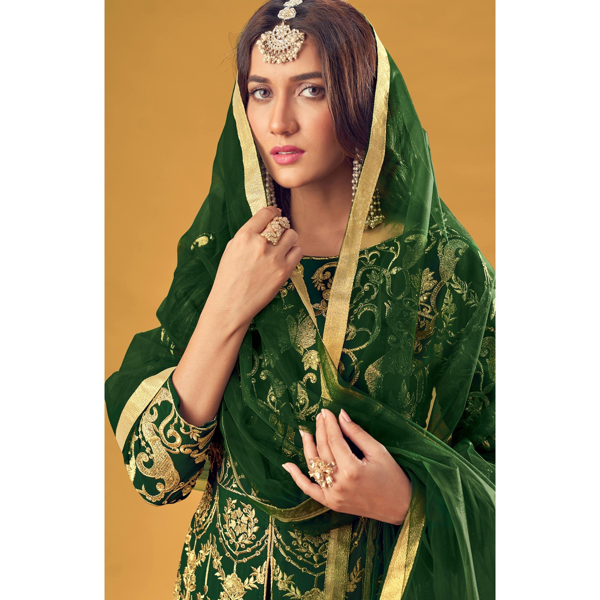Green Embroidered Georgette Pakistani Suit - Peachmode