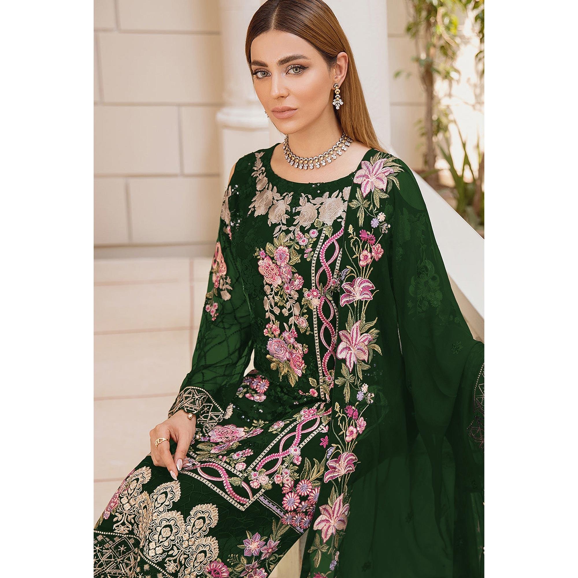 Green Embroidered Georgette Pakistani Suit - Peachmode