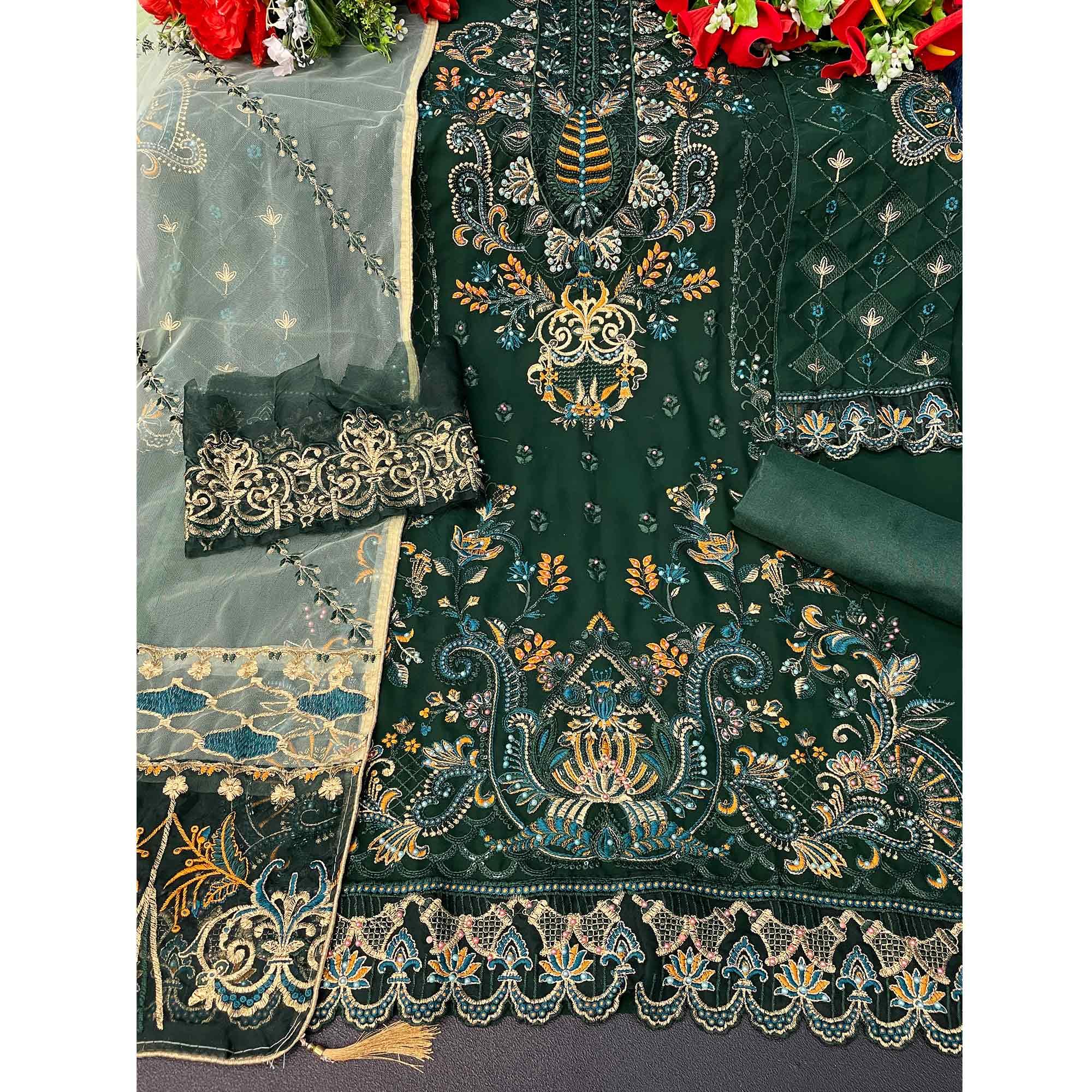 Green Embroidered Georgette Pakistani Suit - Peachmode
