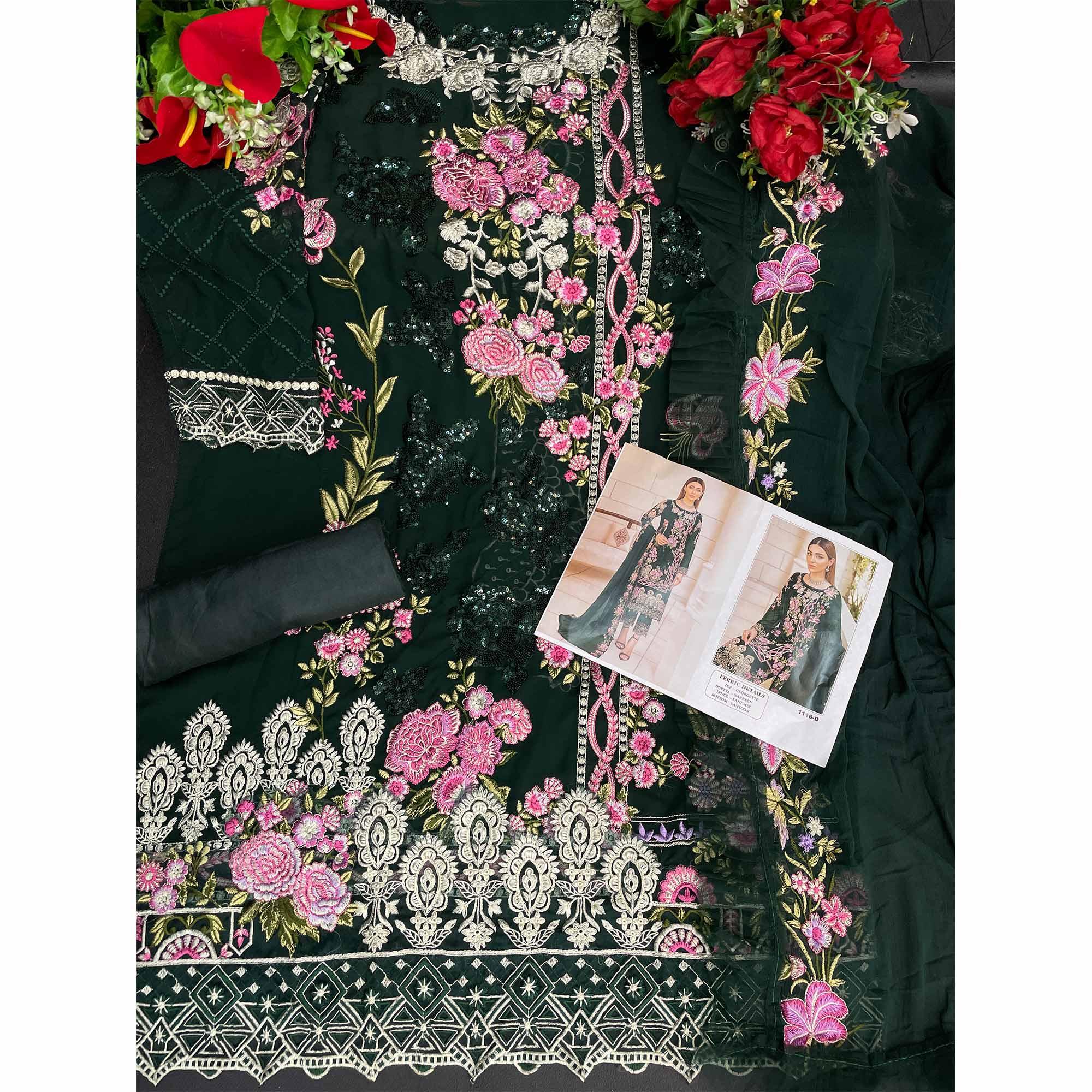 Green Embroidered Georgette Pakistani Suit - Peachmode