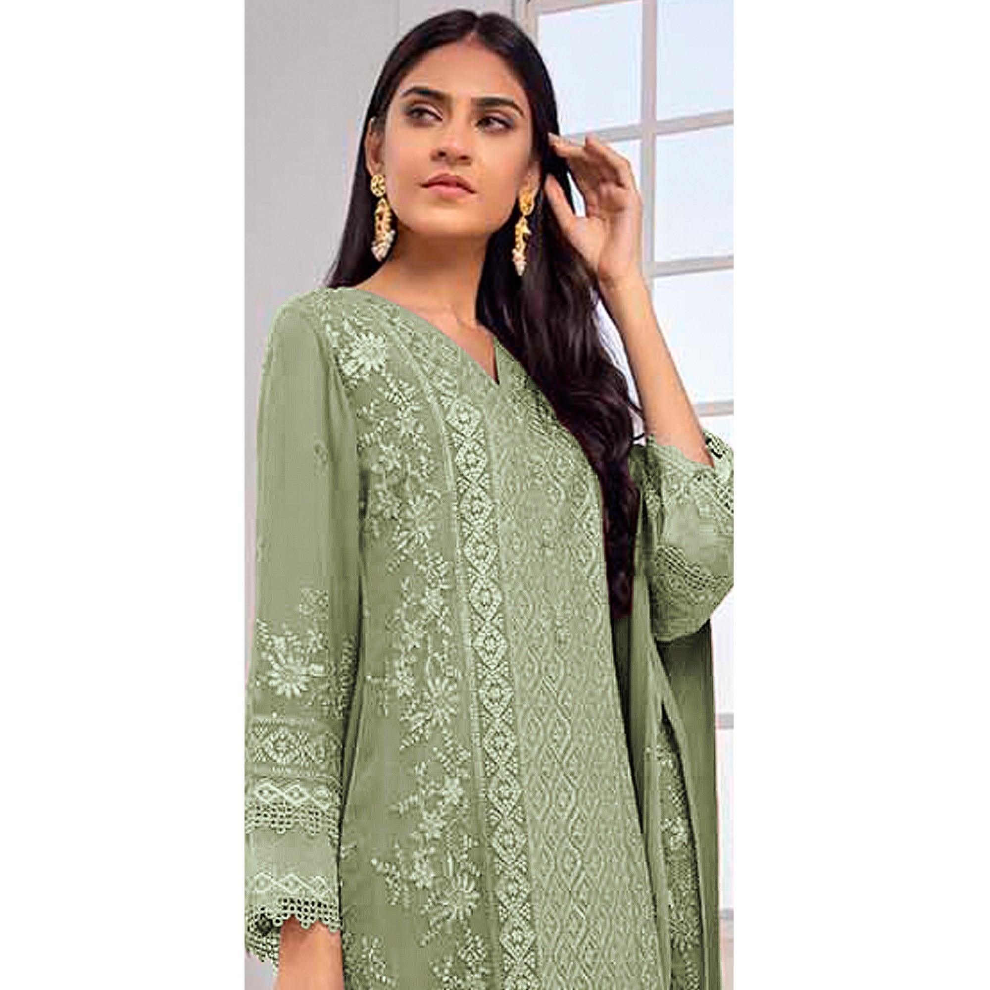 Green Embroidered Georgette Pakistani Suit - Peachmode