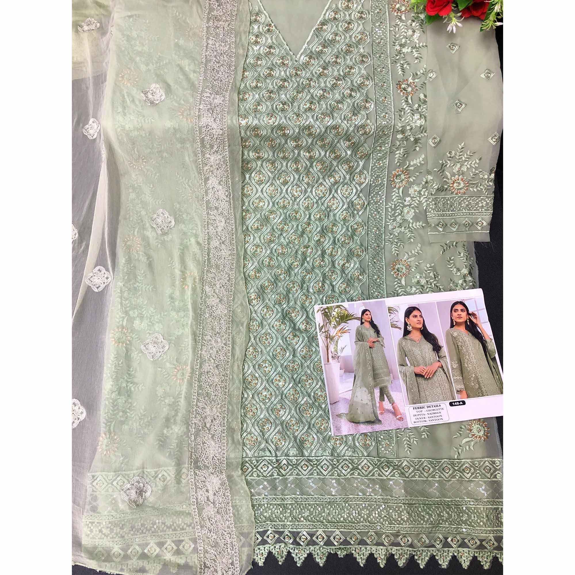 Green Embroidered Georgette Pakistani Suit - Peachmode