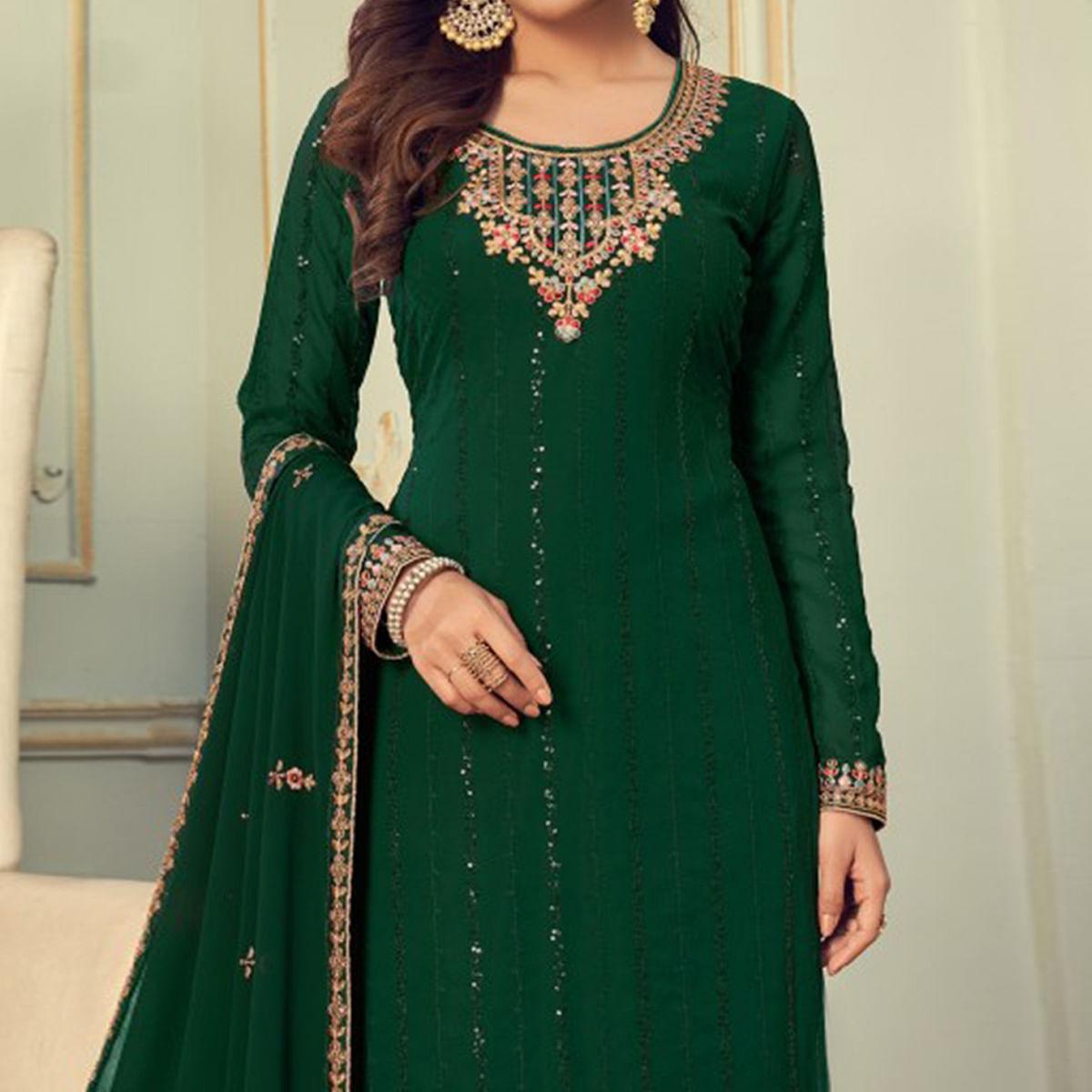 Green Embroidered Georgette Palazzo Suit - Peachmode