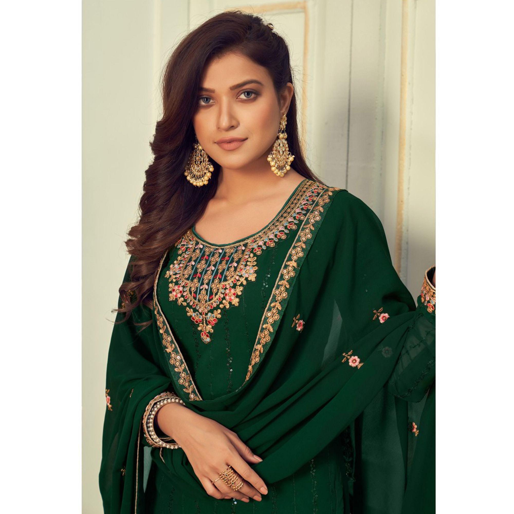 Green Embroidered Georgette Palazzo Suit - Peachmode