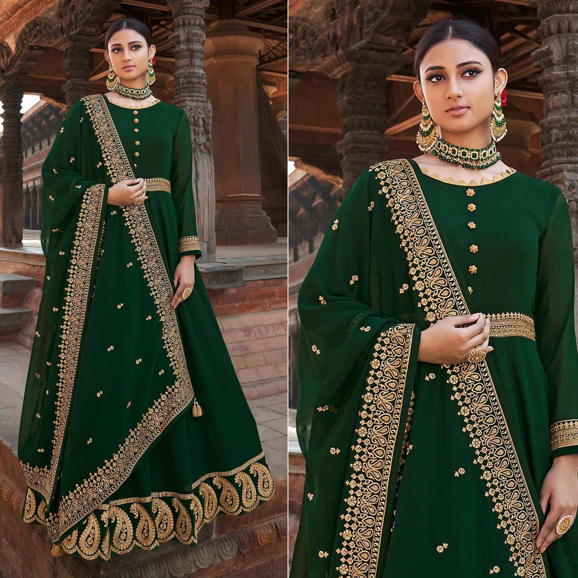 Green Embroidered Georgette Party Wear Gown - Peachmode