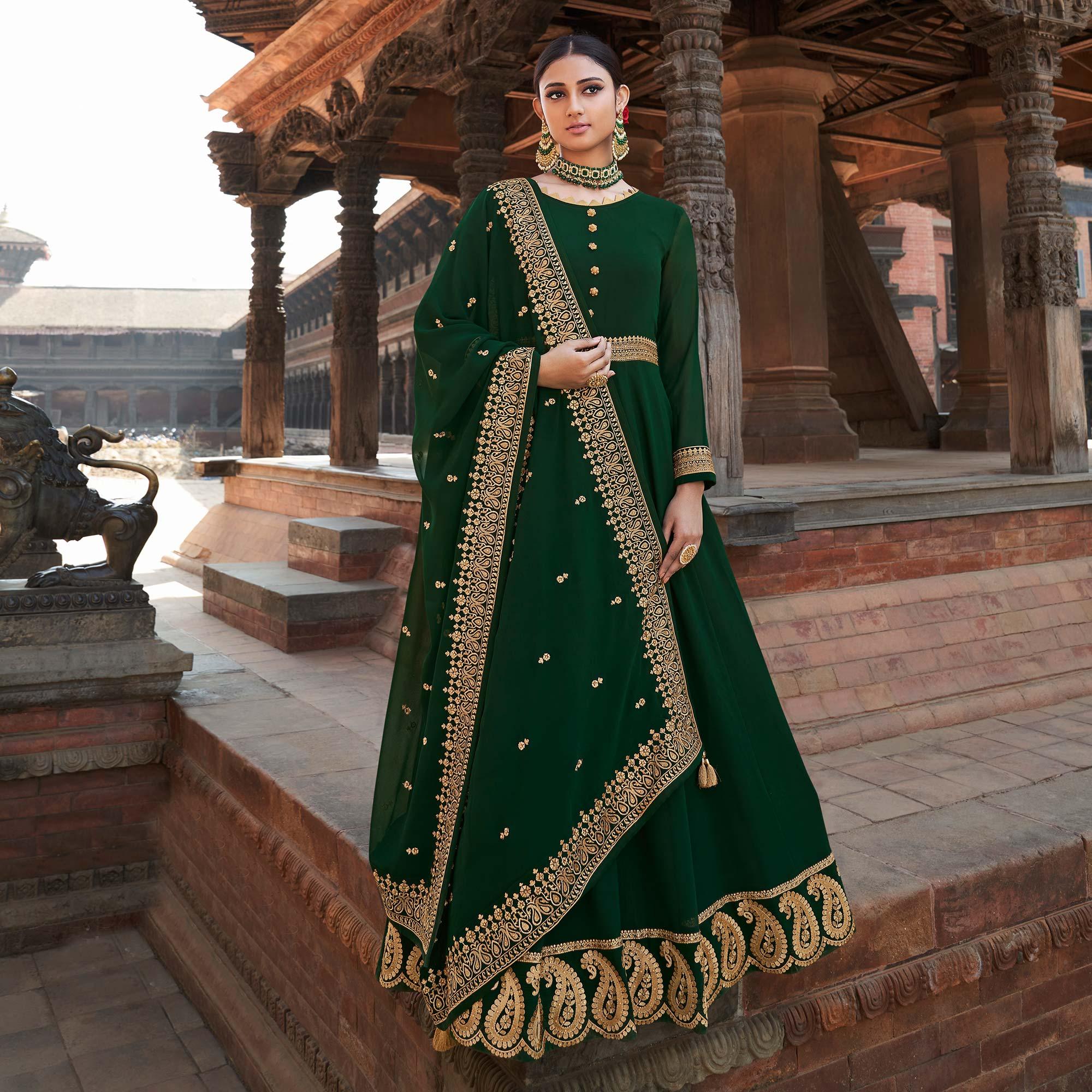 Green Embroidered Georgette Party Wear Gown - Peachmode