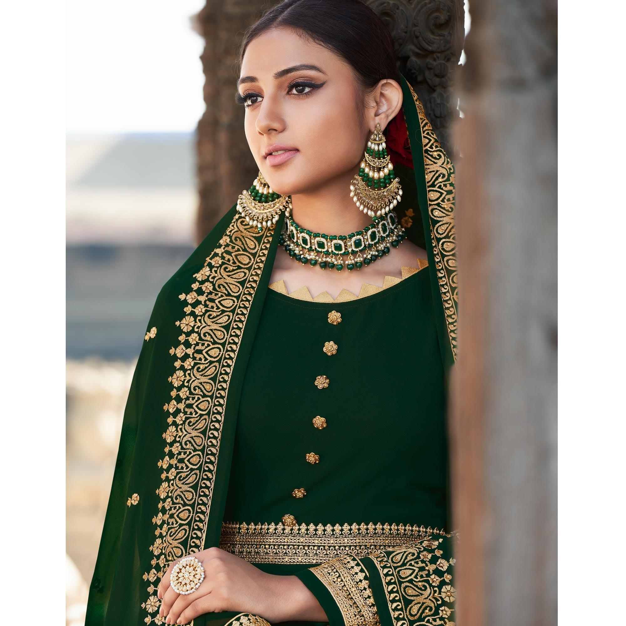 Green Embroidered Georgette Party Wear Gown - Peachmode