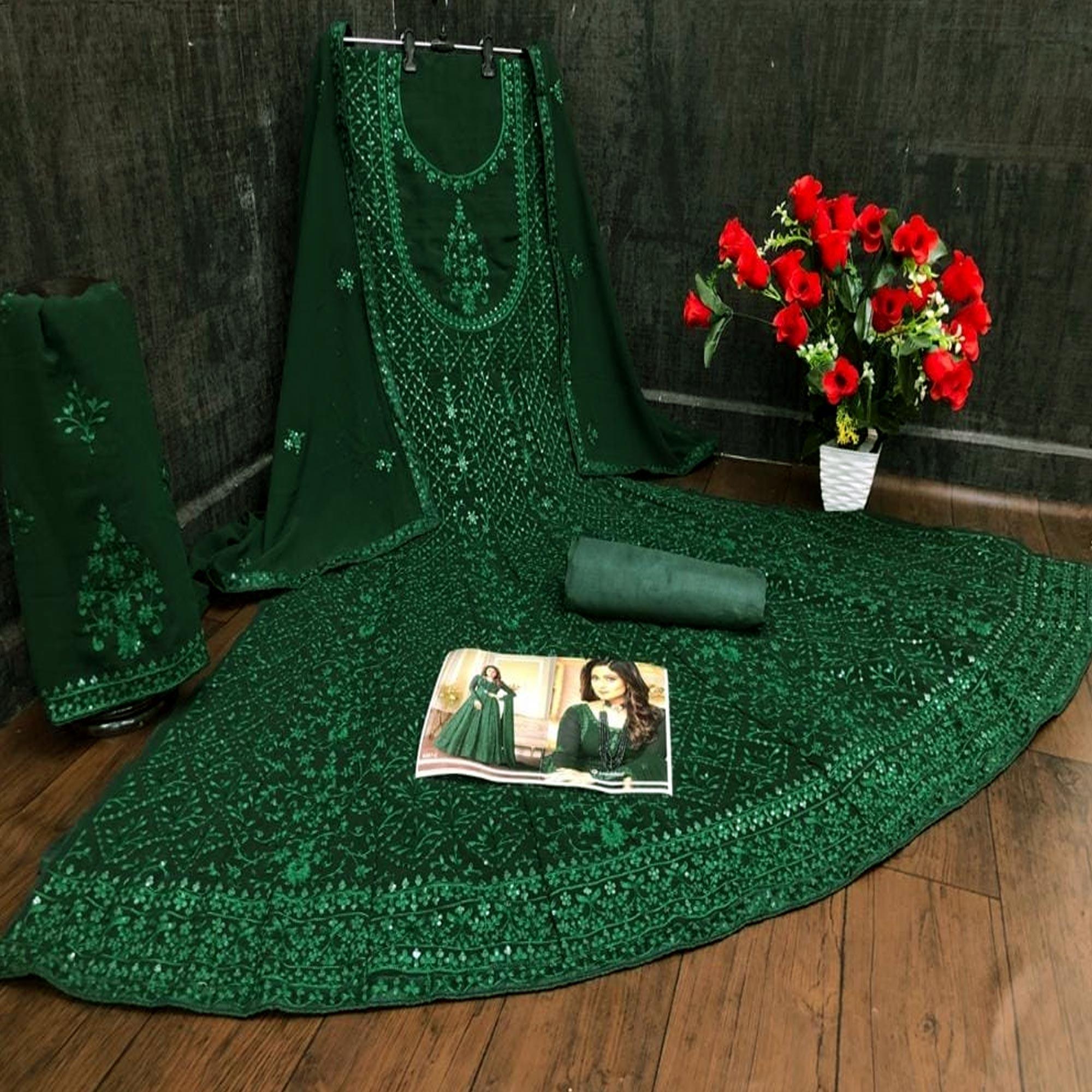 Green Embroidered Georgette Partywear Gown - Peachmode