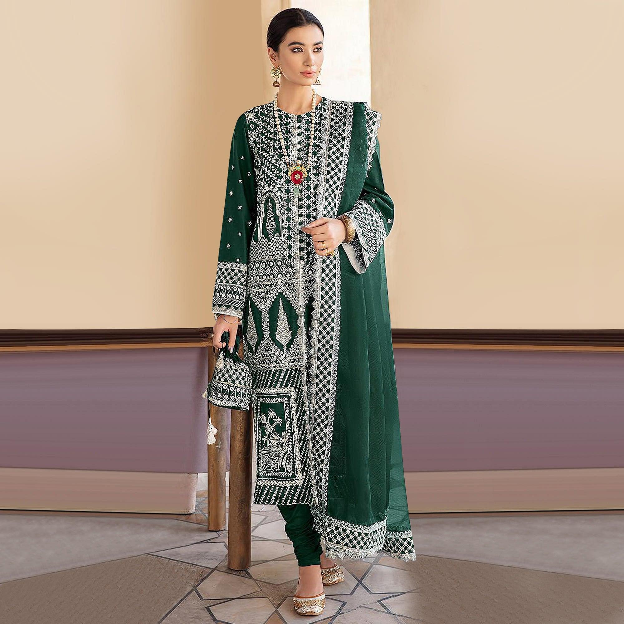 Green Embroidered Georgette Partywear Pakistani Suit - Peachmode