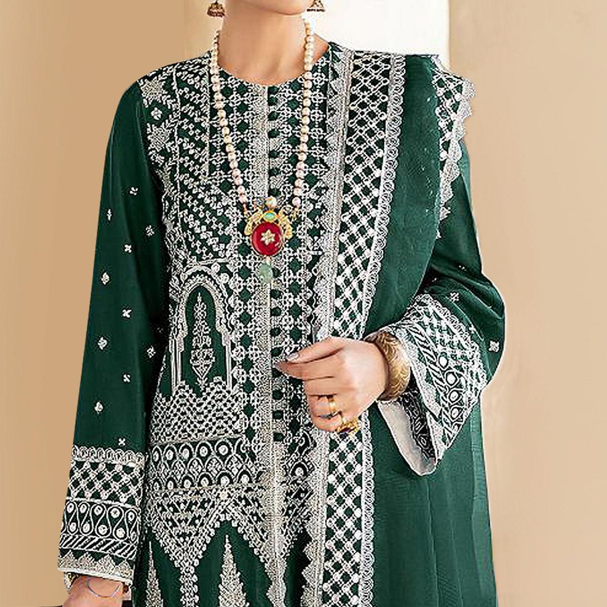 Green Embroidered Georgette Partywear Pakistani Suit - Peachmode