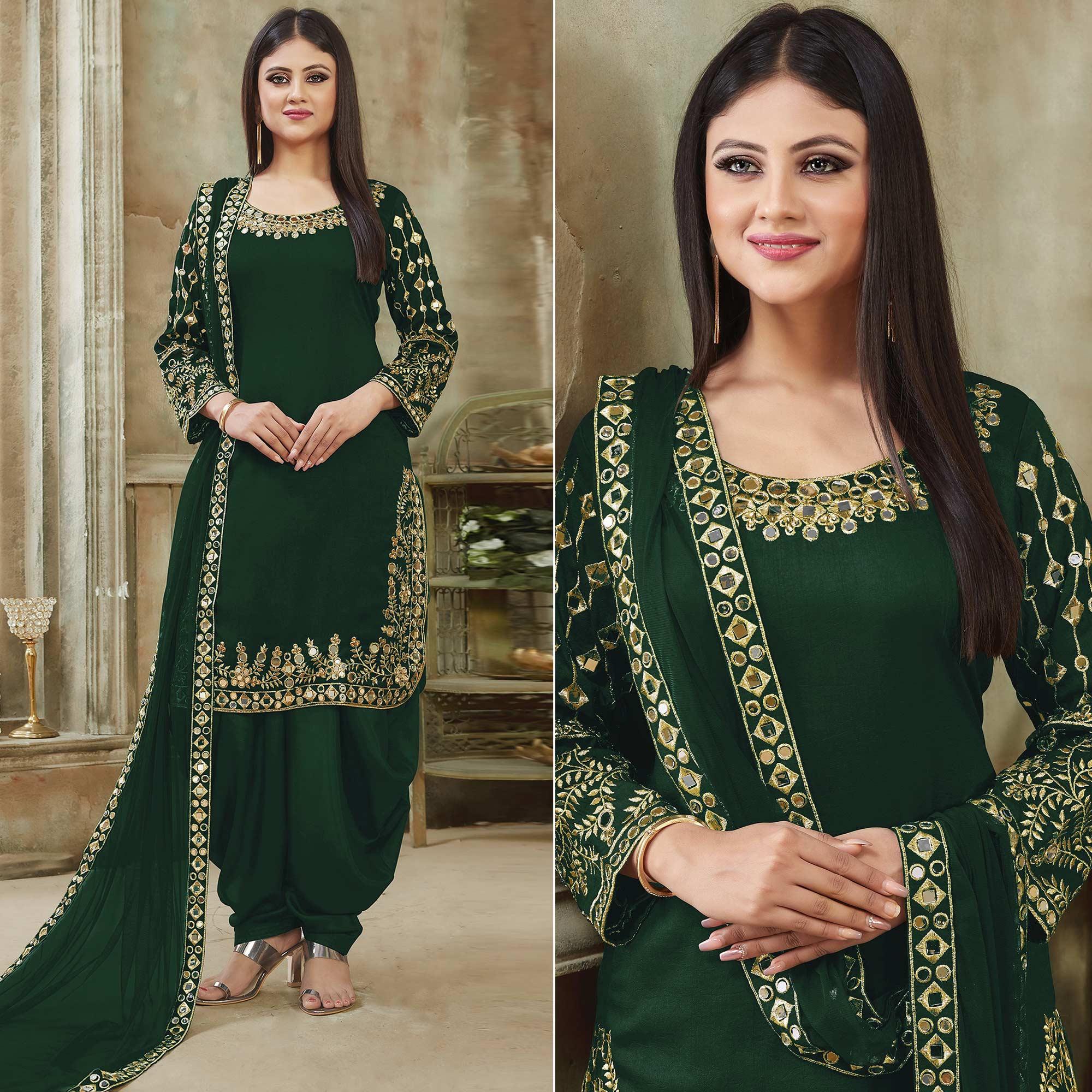Green Embroidered Georgette Patiala Suit - Peachmode