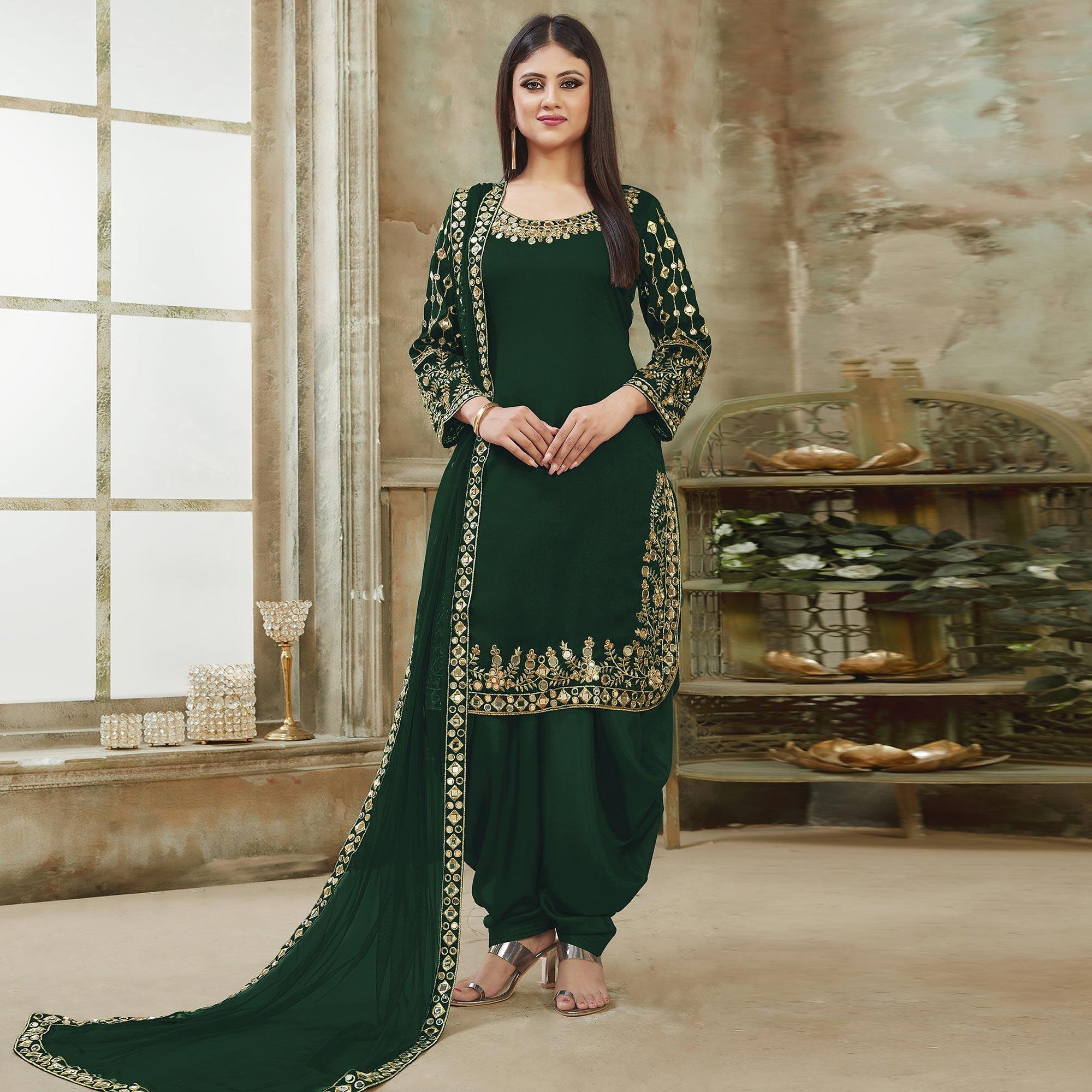 Green Embroidered Georgette Patiala Suit - Peachmode