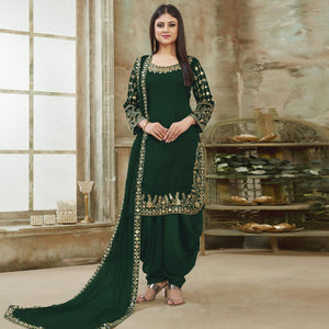Green Embroidered Georgette Patiala Suit - Peachmode