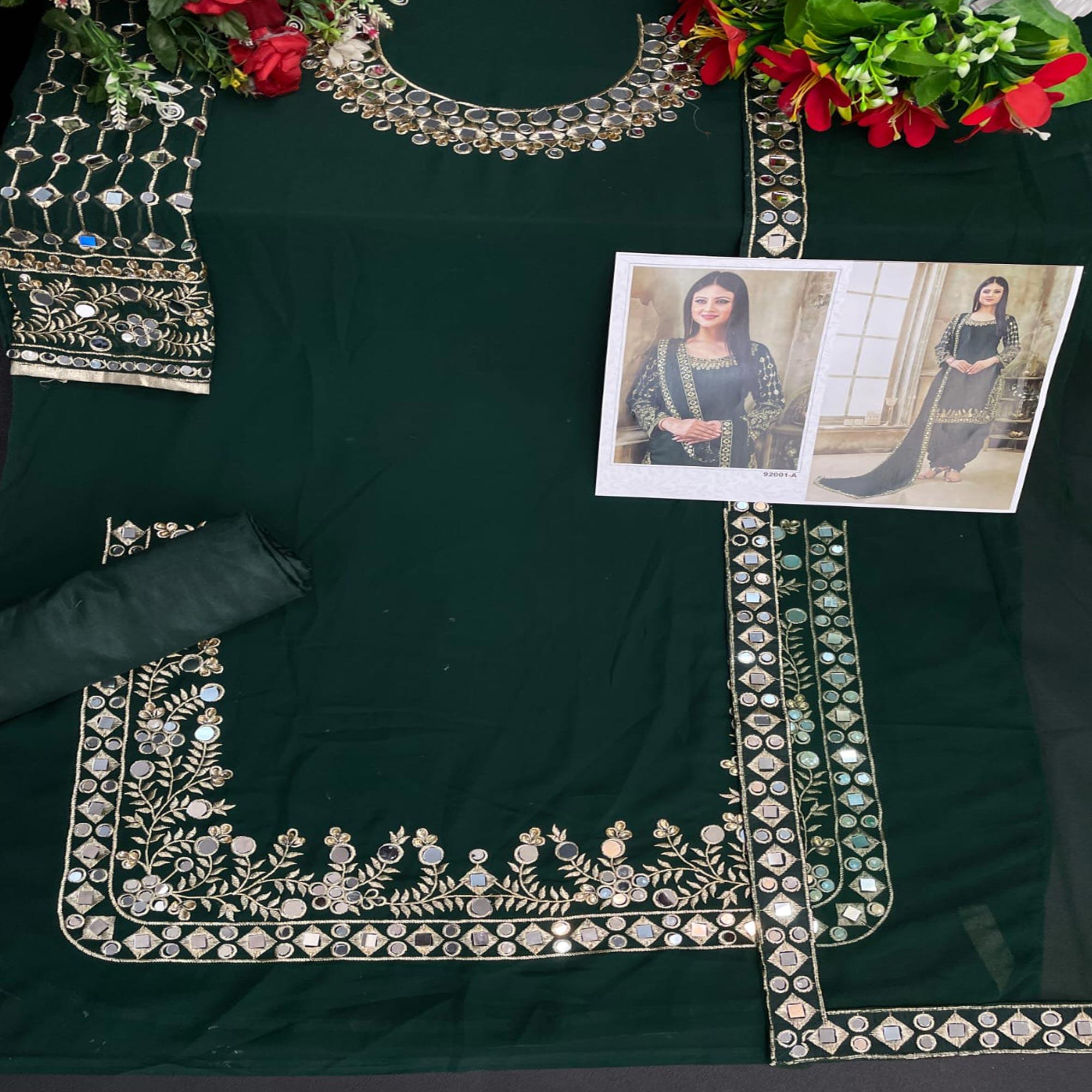 Green Embroidered Georgette Patiala Suit - Peachmode