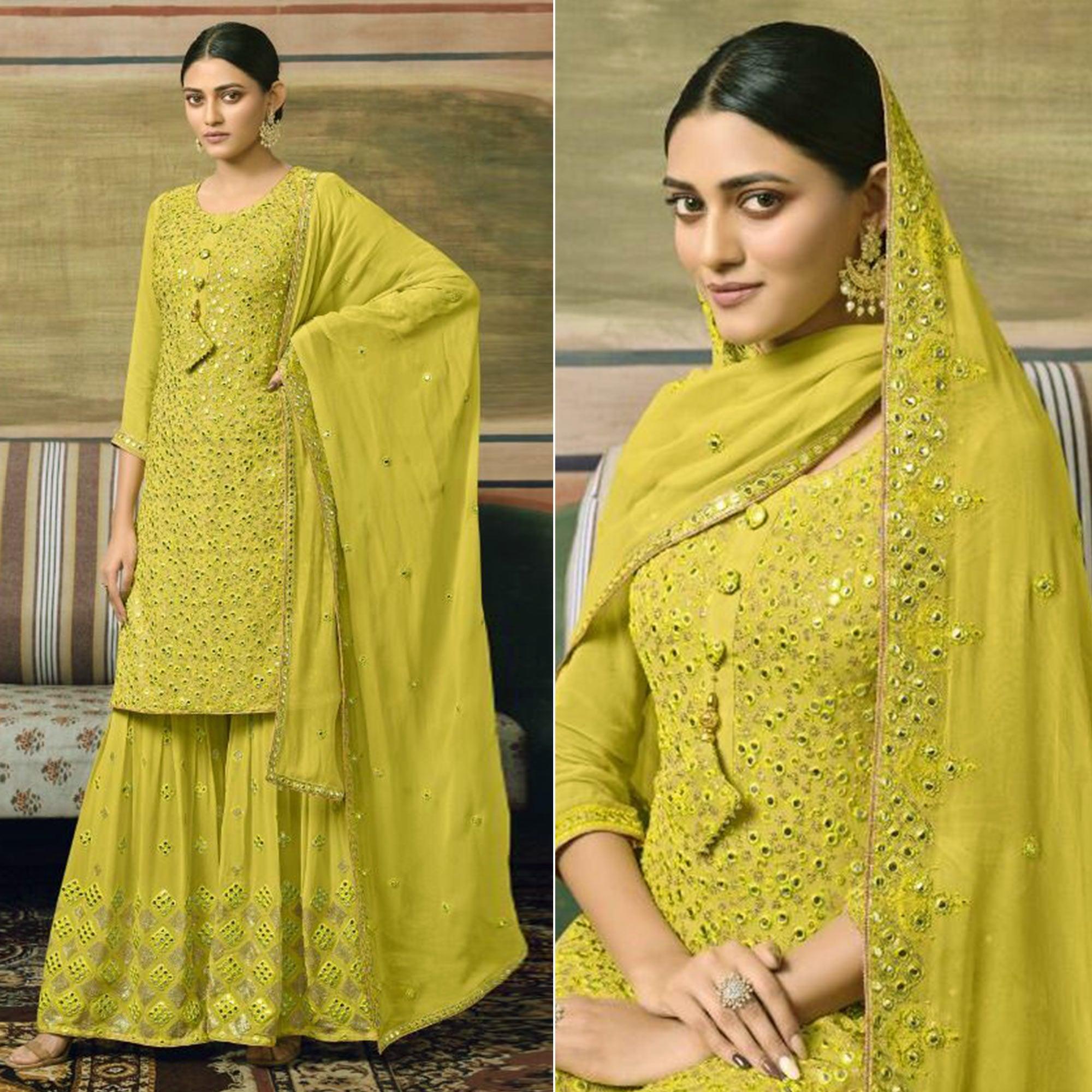 Green Embroidered Georgette Sharara Suit - Peachmode