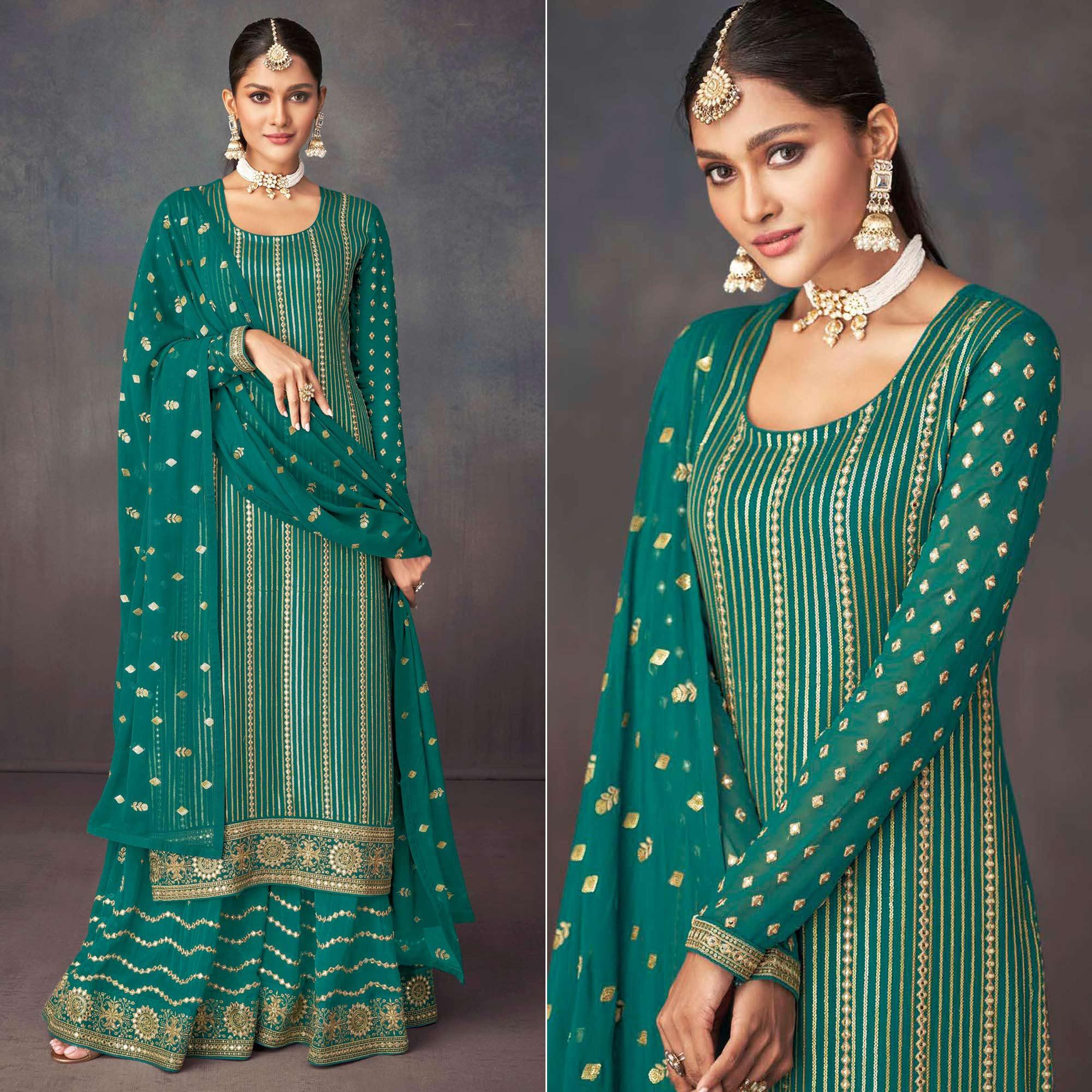 Green Embroidered Georgette Sharara Suit - Peachmode