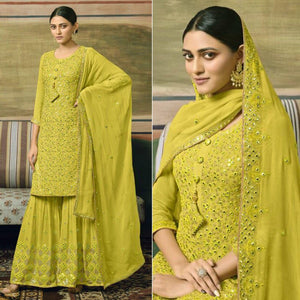 Green Embroidered Georgette Sharara Suit - Peachmode