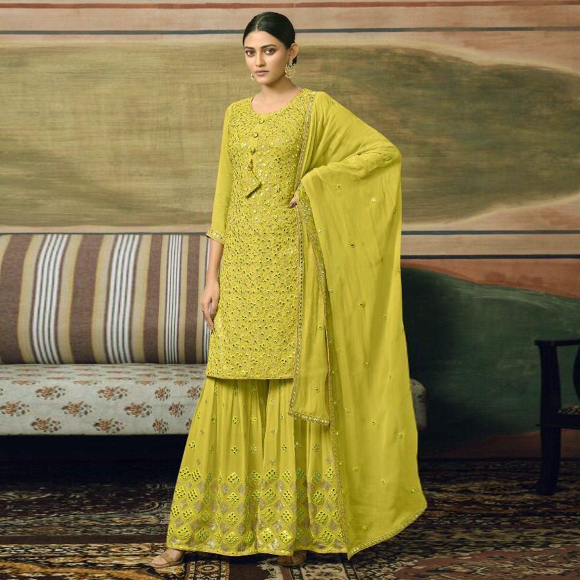 Green Embroidered Georgette Sharara Suit - Peachmode