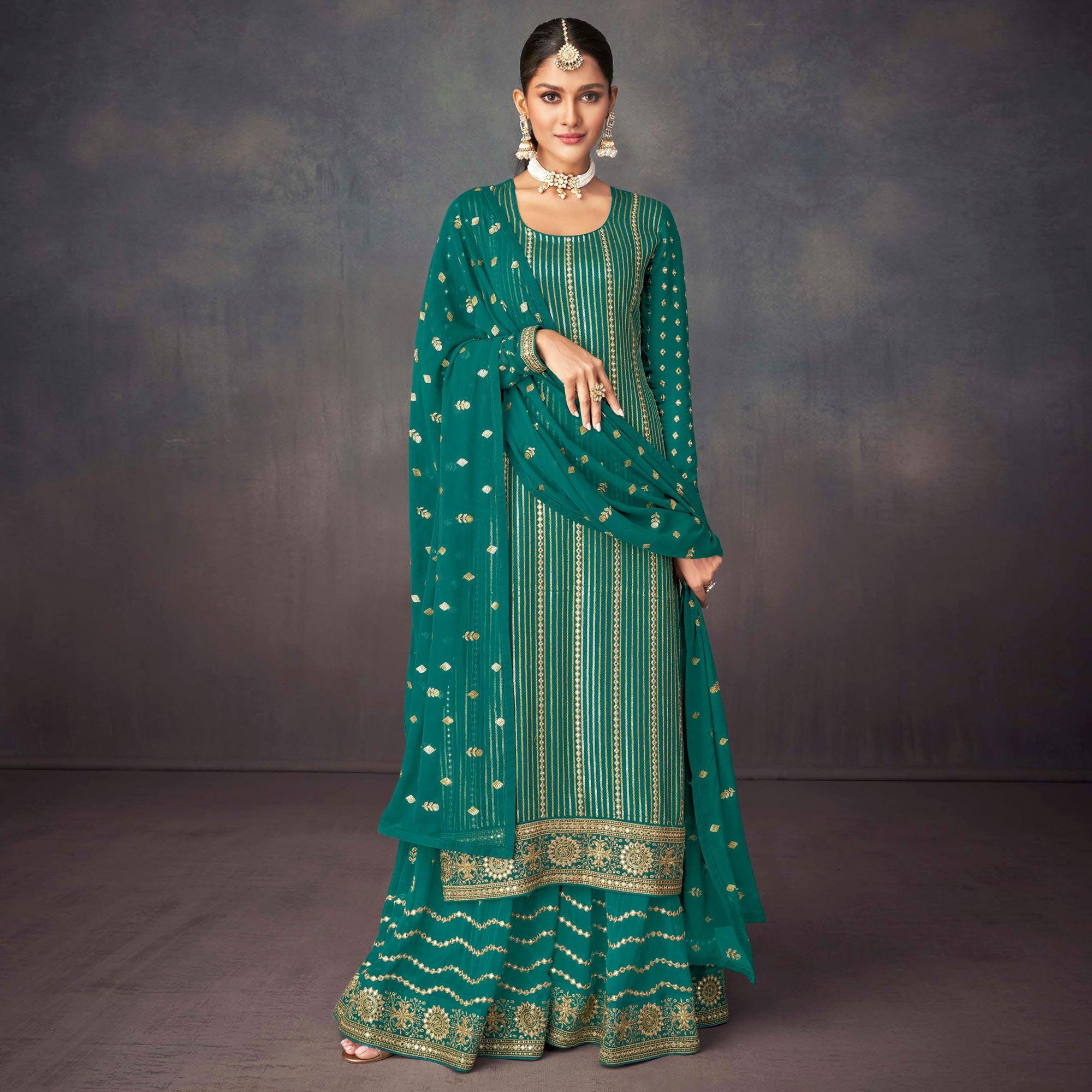 Green Embroidered Georgette Sharara Suit - Peachmode