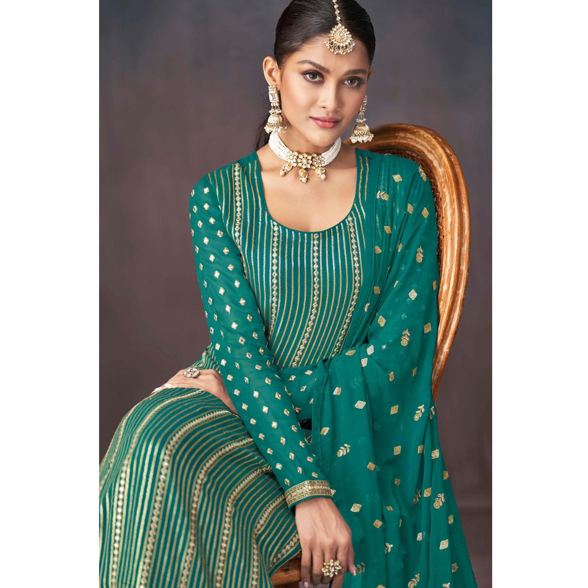 Green Embroidered Georgette Sharara Suit - Peachmode