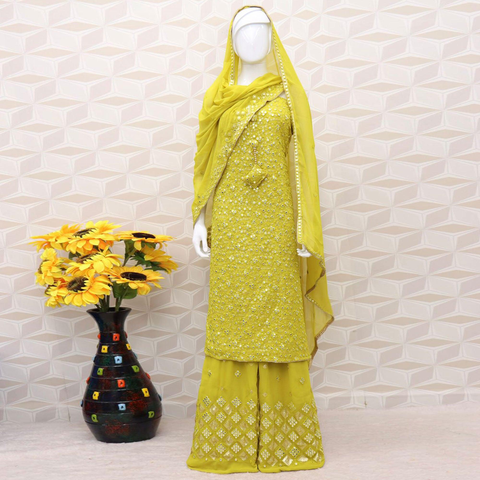 Green Embroidered Georgette Sharara Suit - Peachmode