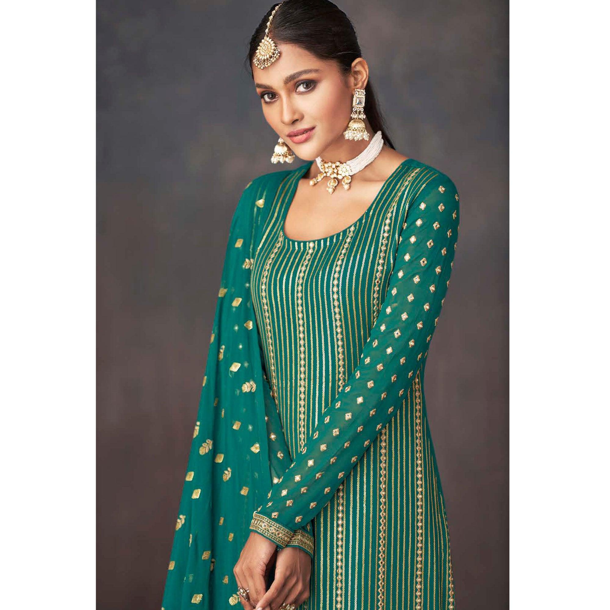 Green Embroidered Georgette Sharara Suit - Peachmode