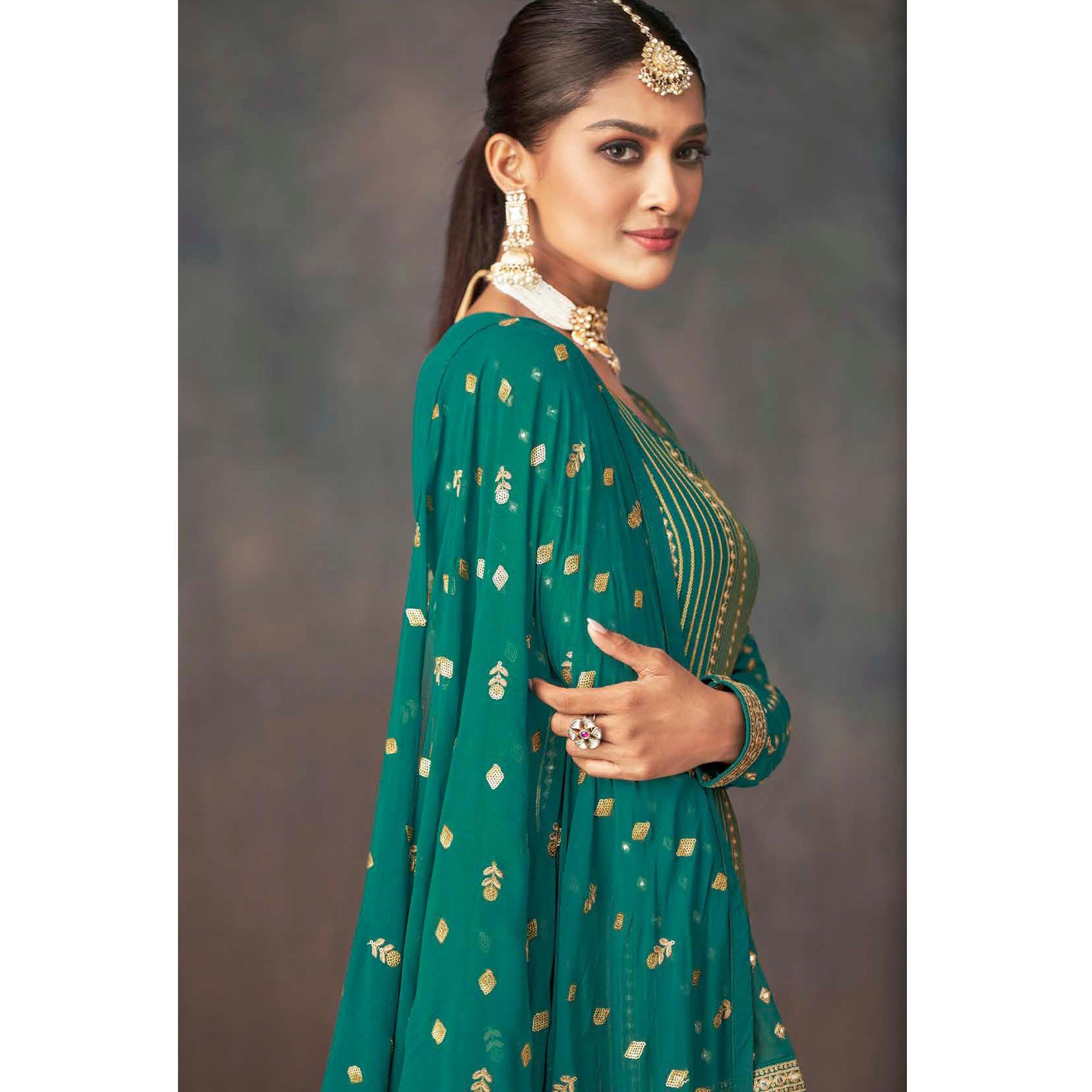 Green Embroidered Georgette Sharara Suit - Peachmode