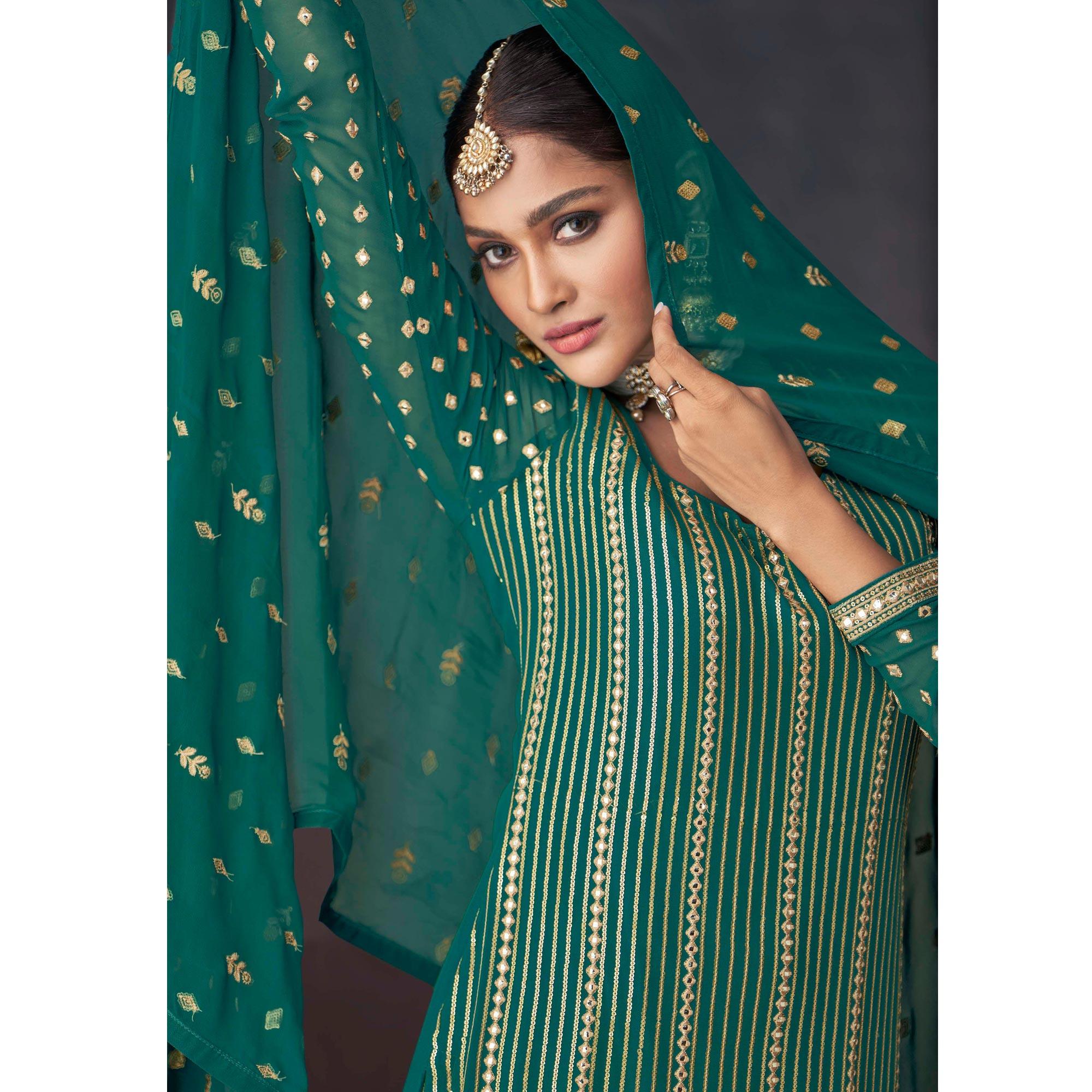 Green Embroidered Georgette Sharara Suit - Peachmode