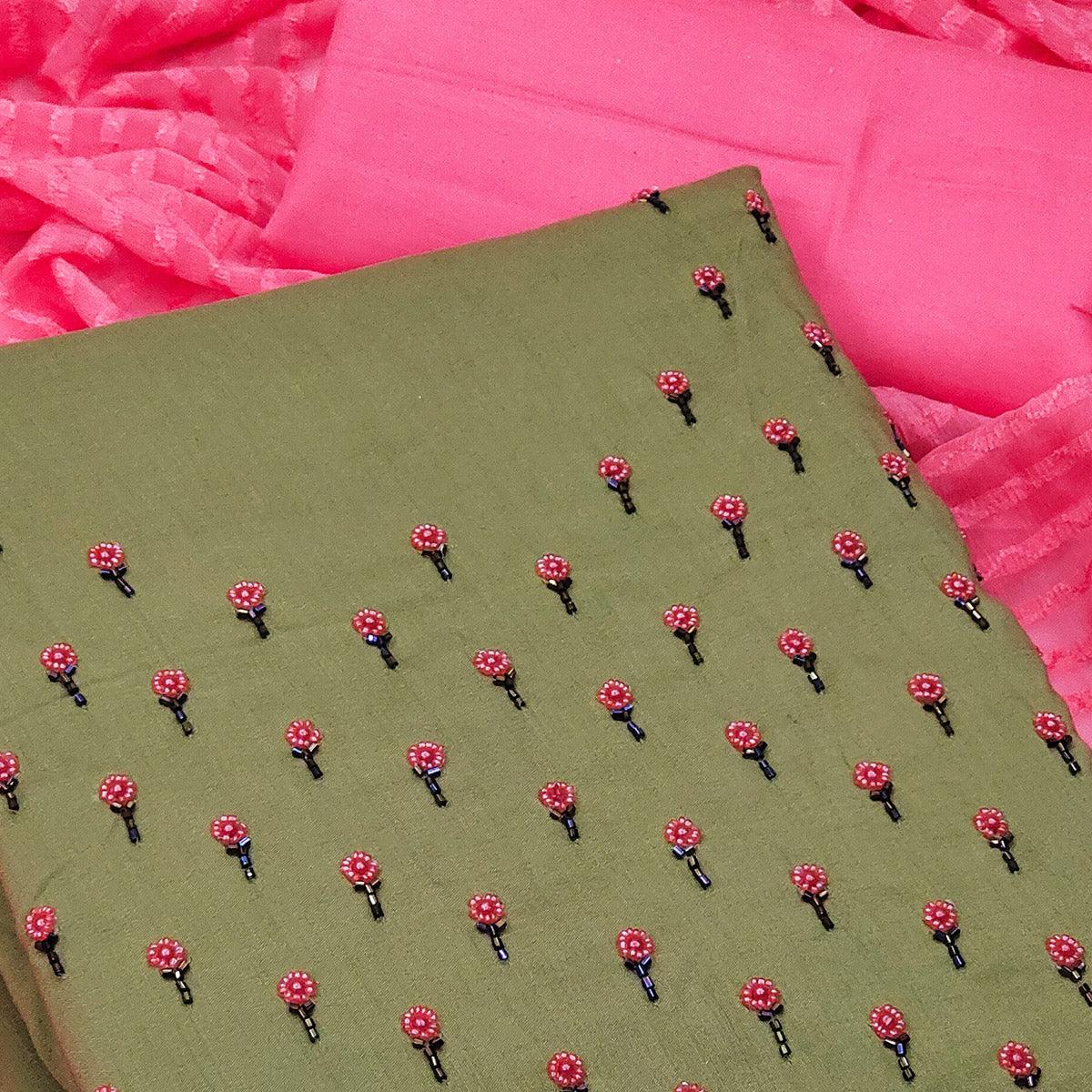 Green Embroidered Handwork Pure Cotton Dress Material - Peachmode