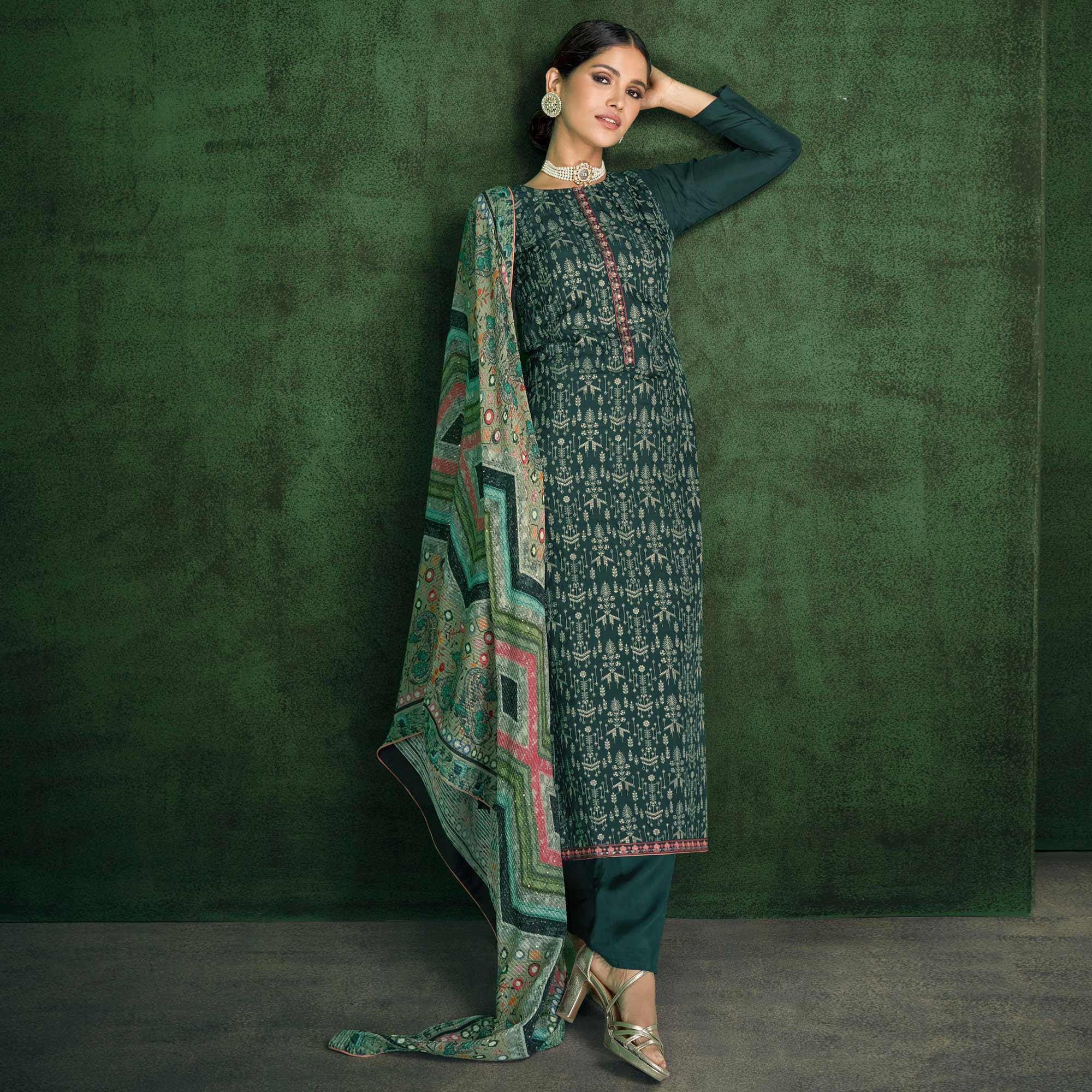 Green Embroidered Heavy Faux Georgette Partywear Suit - Peachmode