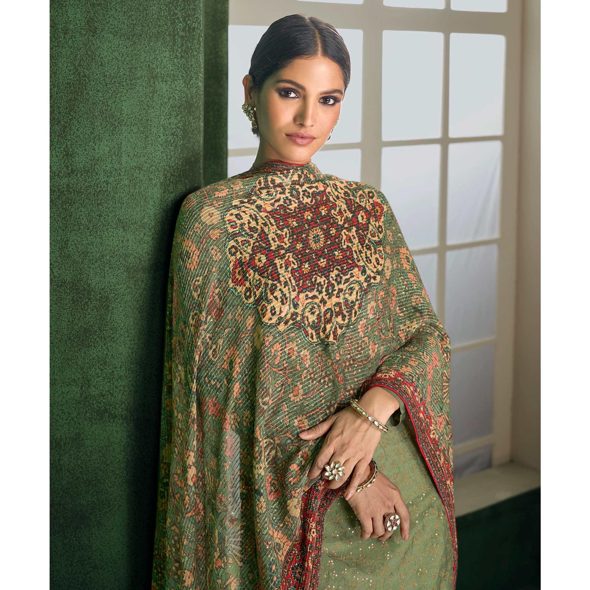Green Embroidered Heavy Faux Georgette Partywear Suit - Peachmode