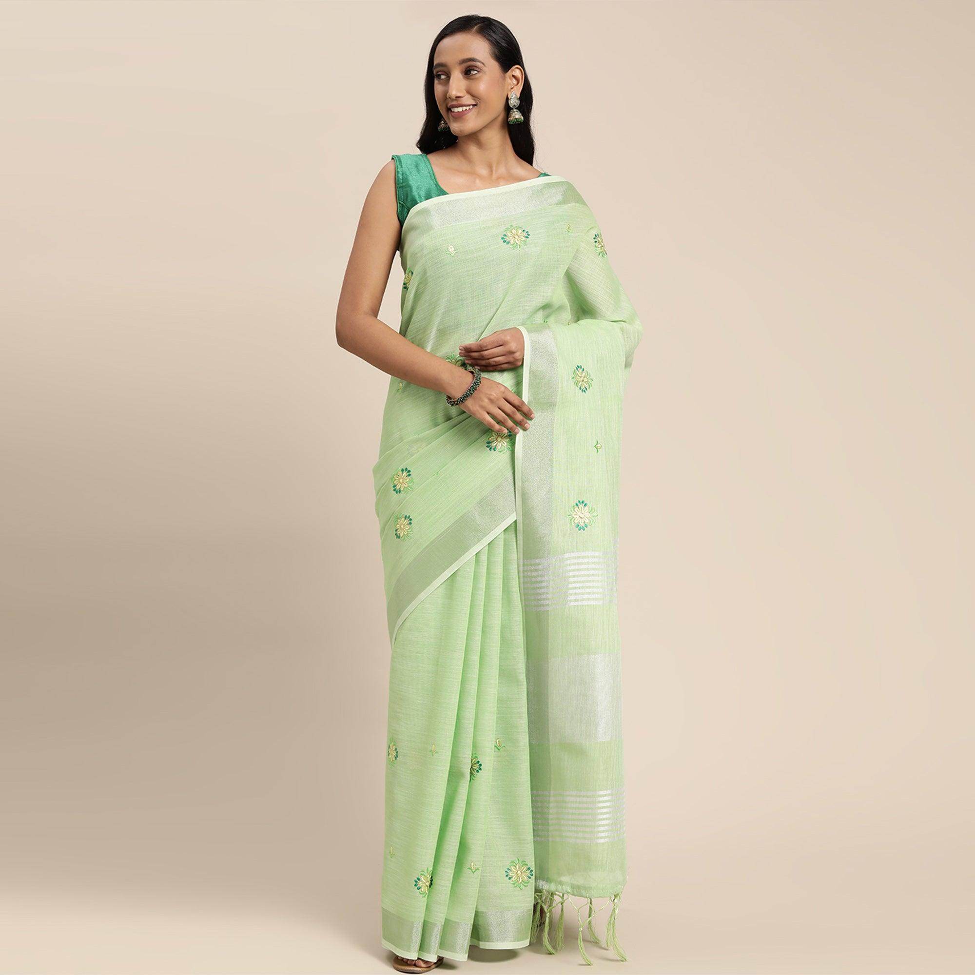 Green Embroidered Linen Saree with Tassels - Peachmode