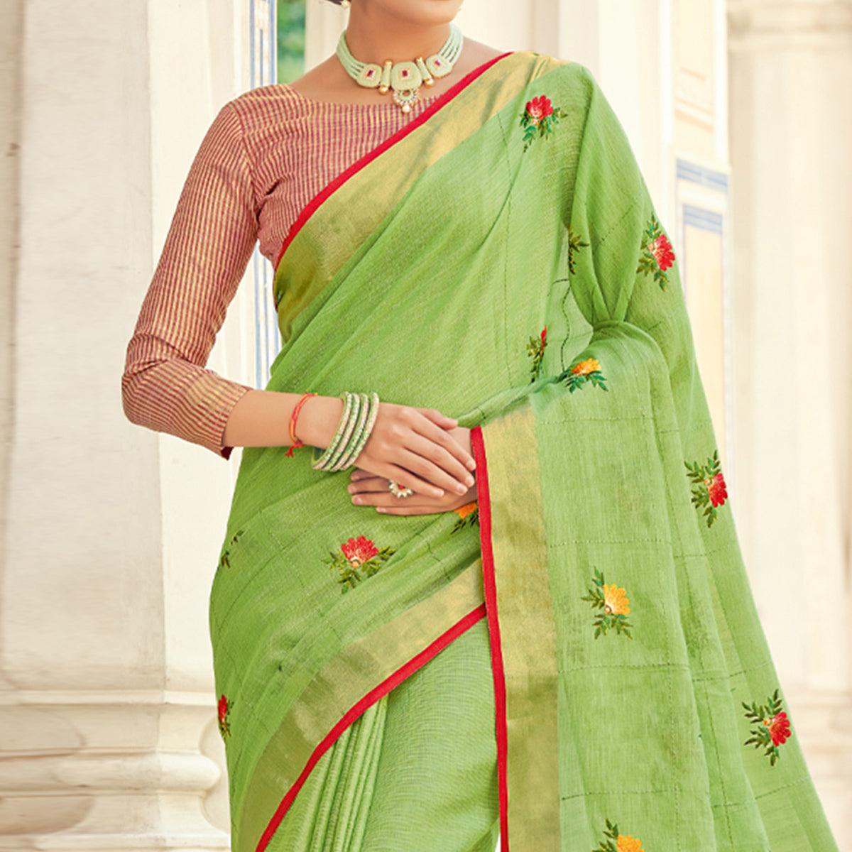 Green Embroidered Linen Saree With Tassels - Peachmode