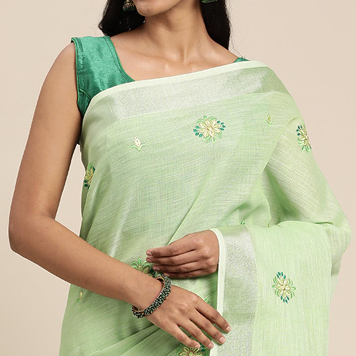 Green Embroidered Linen Saree with Tassels - Peachmode