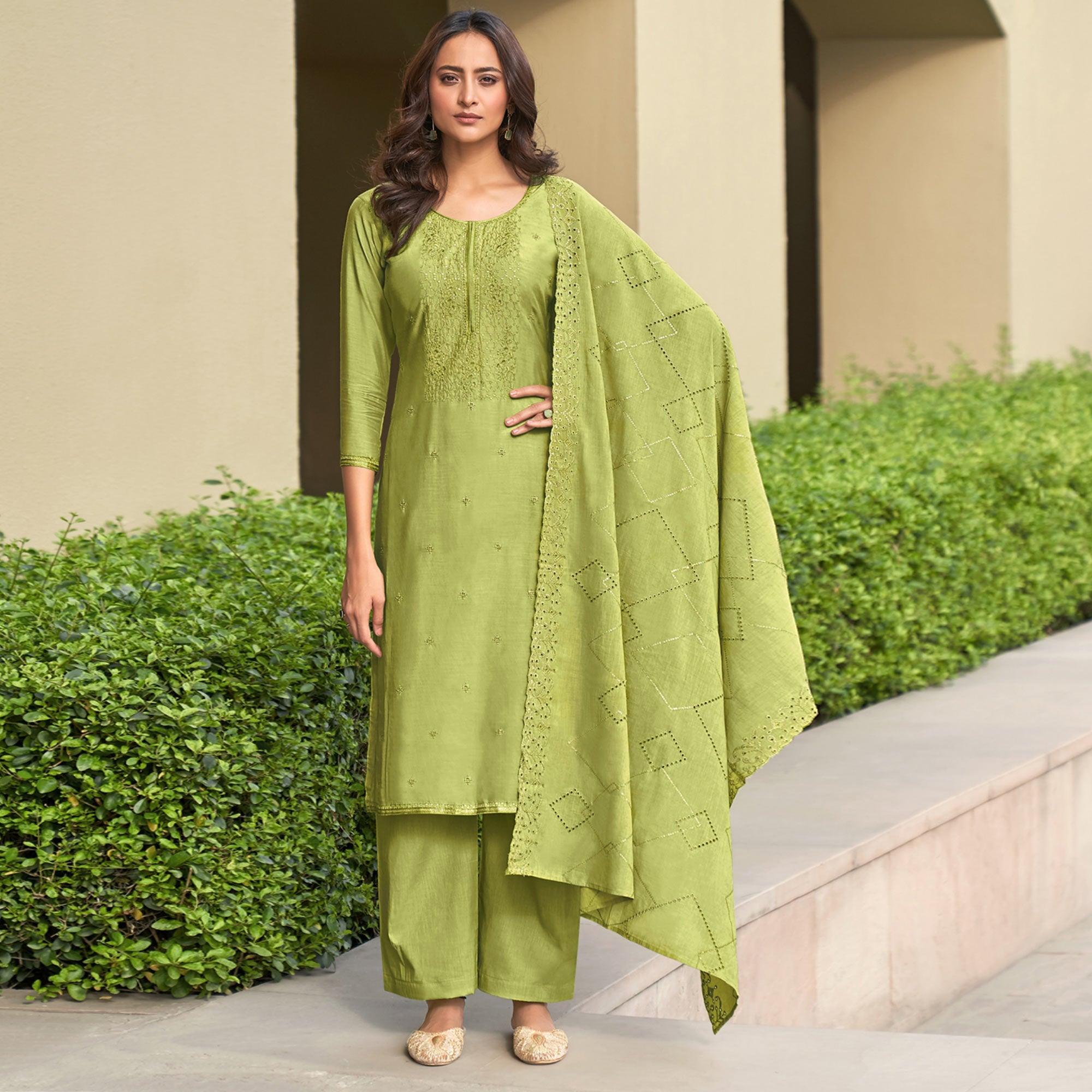 Green Embroidered Muslin Suit - Peachmode