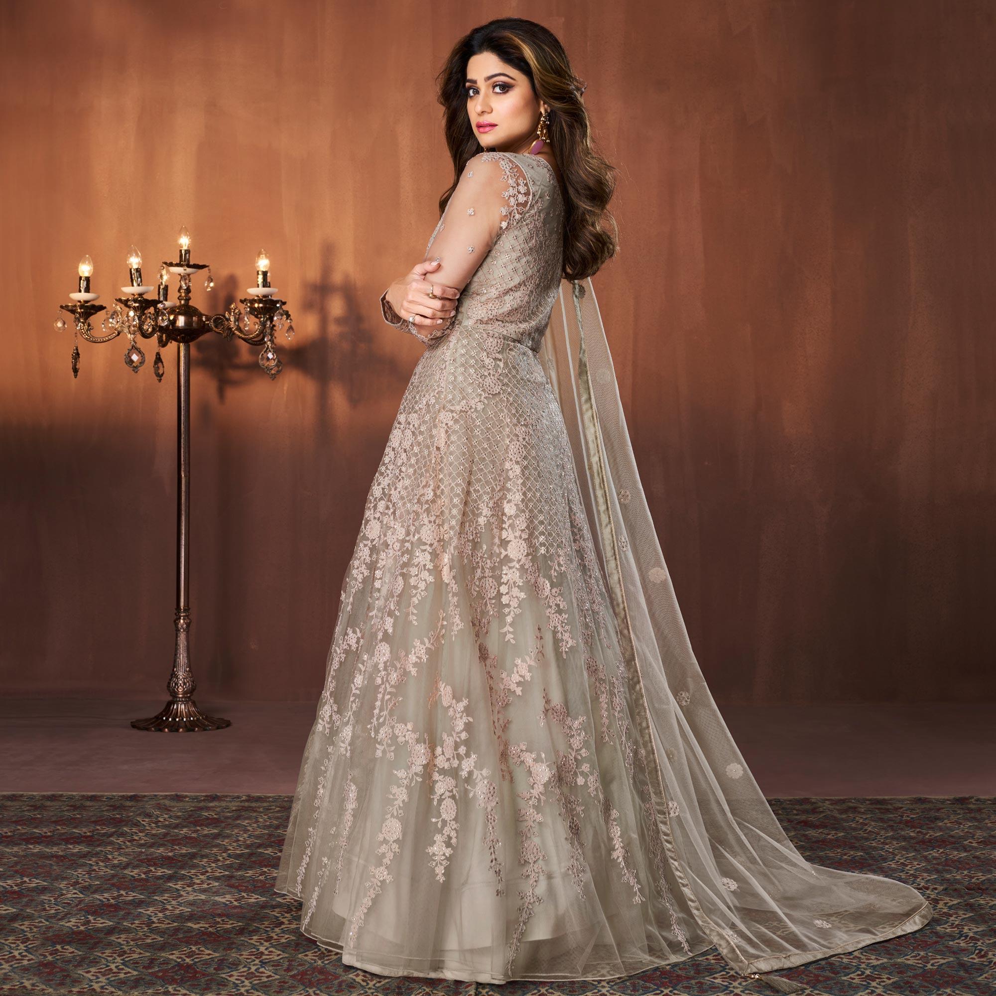 Green Embroidered Netted Anarkali Style Gown - Peachmode