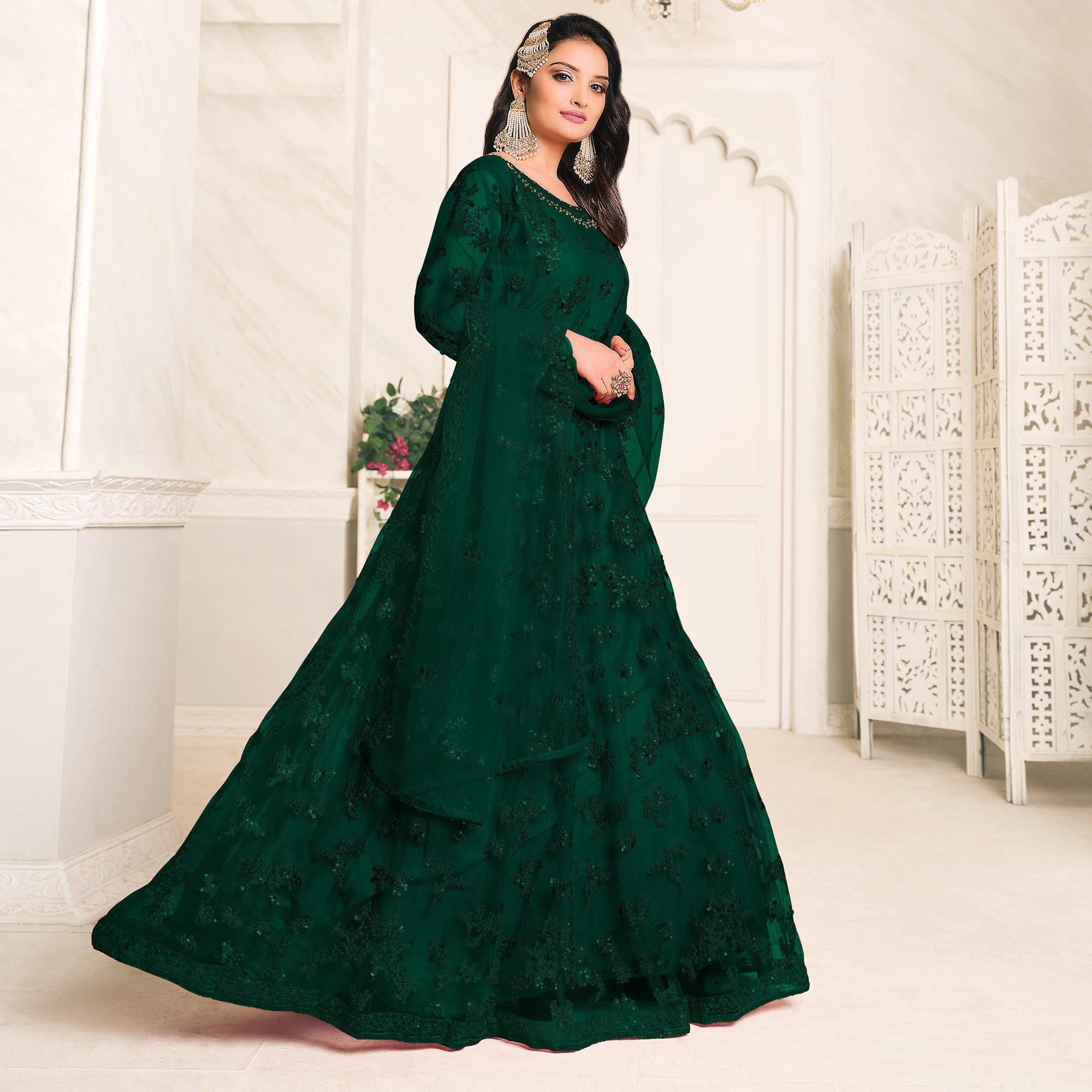 Green Embroidered Netted Anarkali Style Gown - Peachmode