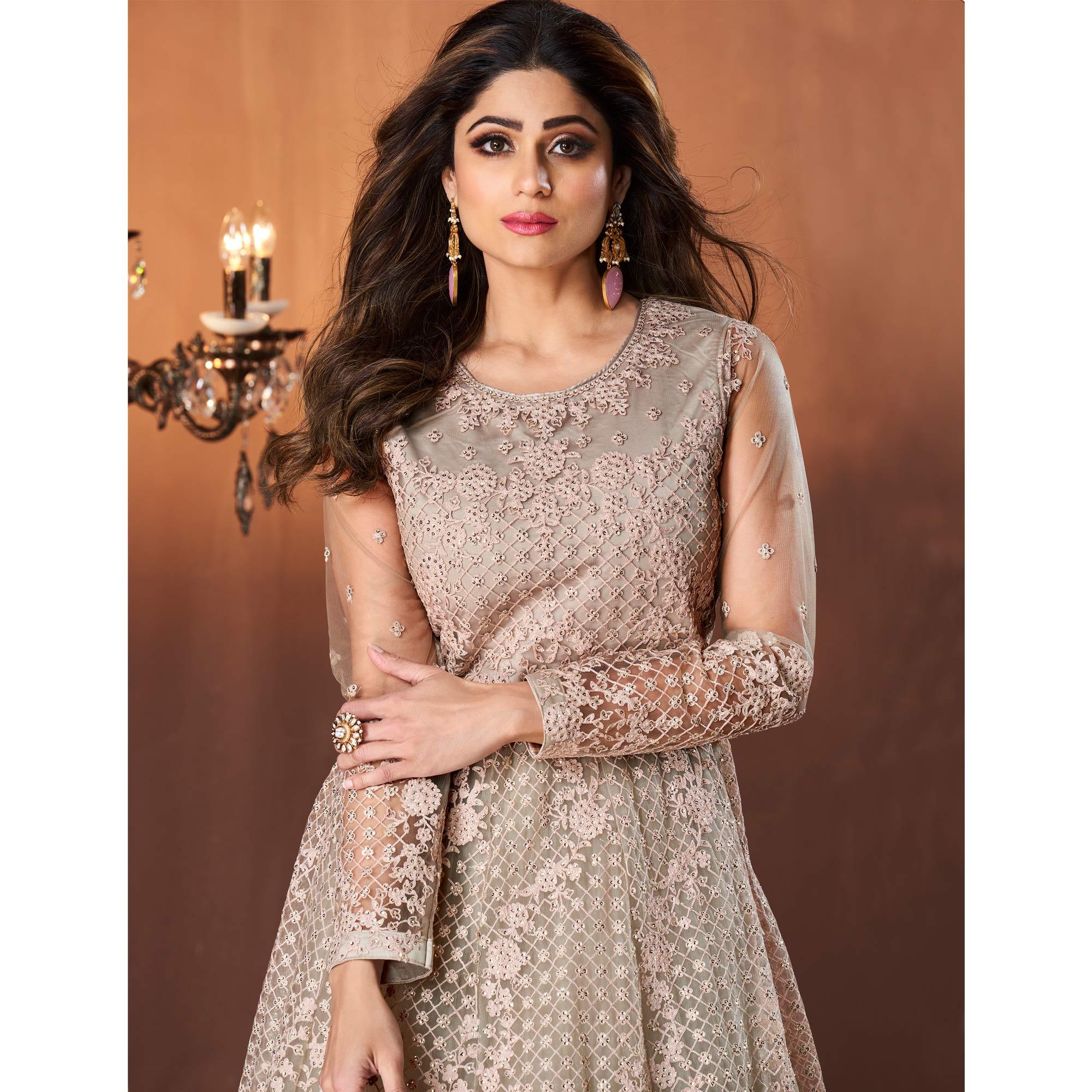 Green Embroidered Netted Anarkali Style Gown - Peachmode