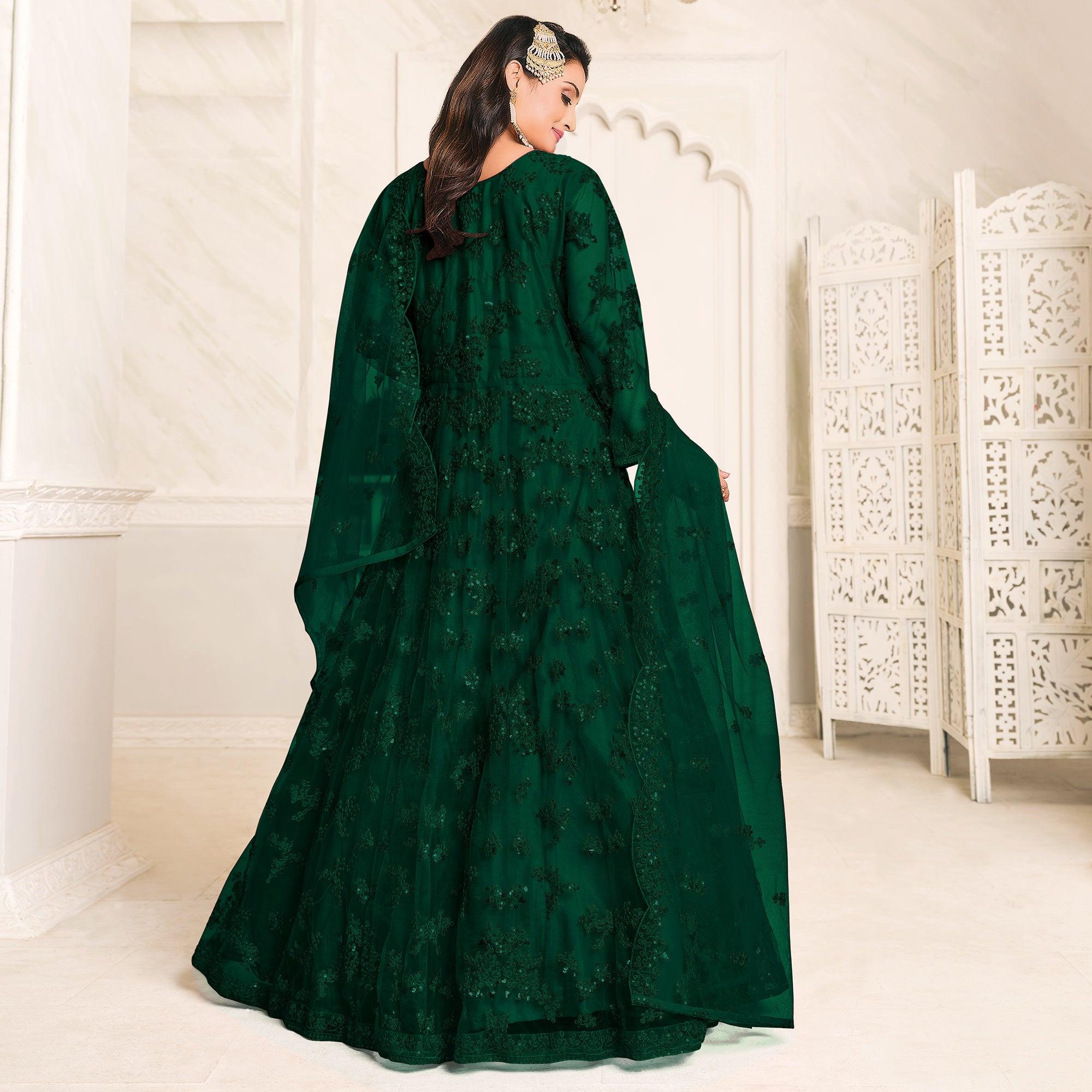 Green Embroidered Netted Anarkali Style Gown - Peachmode