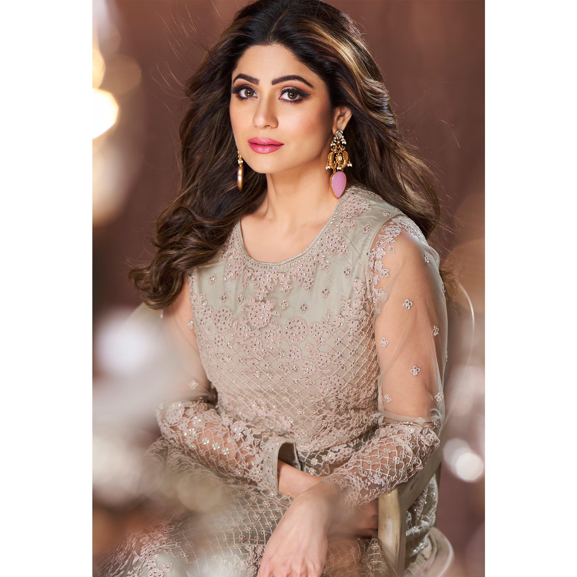 Green Embroidered Netted Anarkali Style Gown - Peachmode