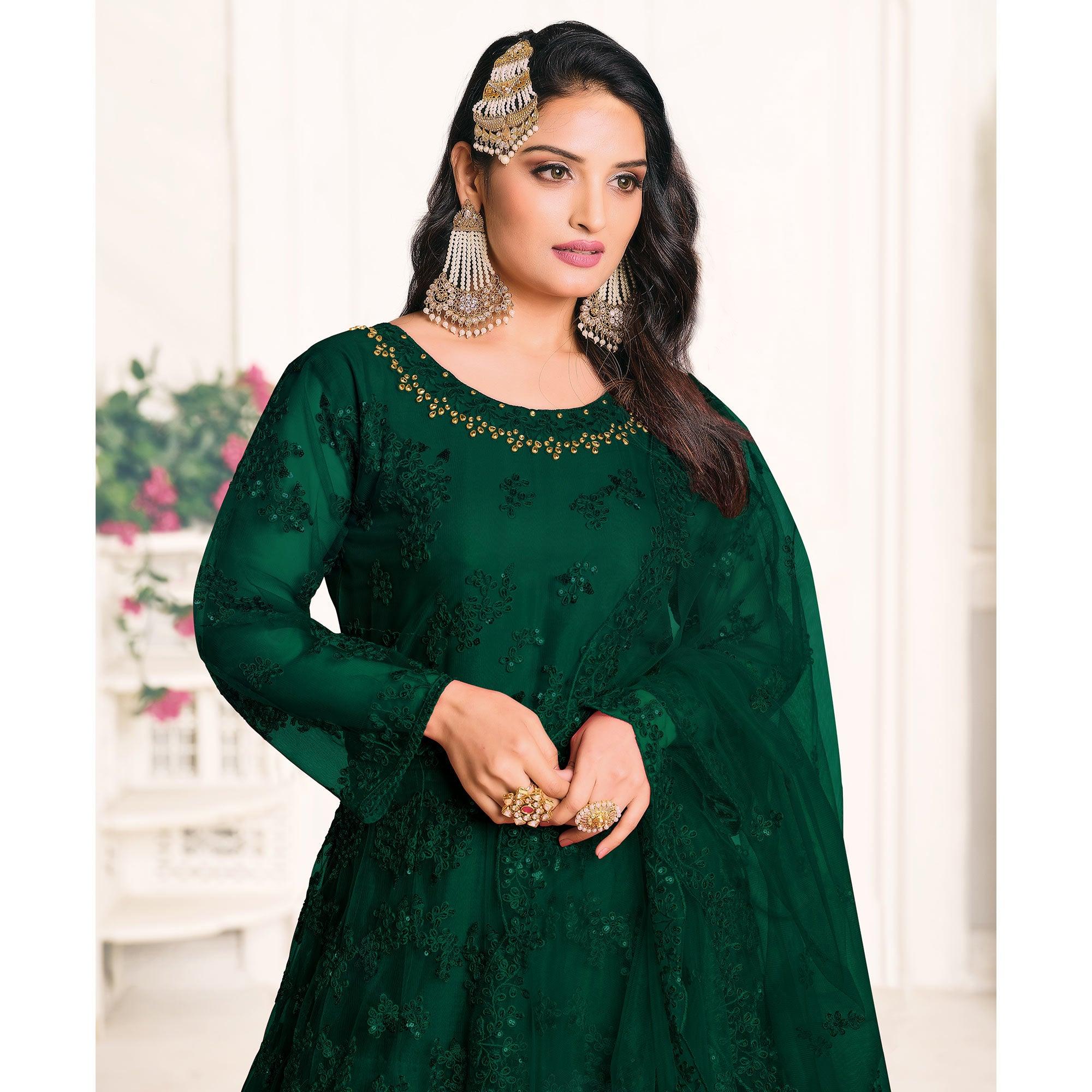 Green Embroidered Netted Anarkali Style Gown - Peachmode