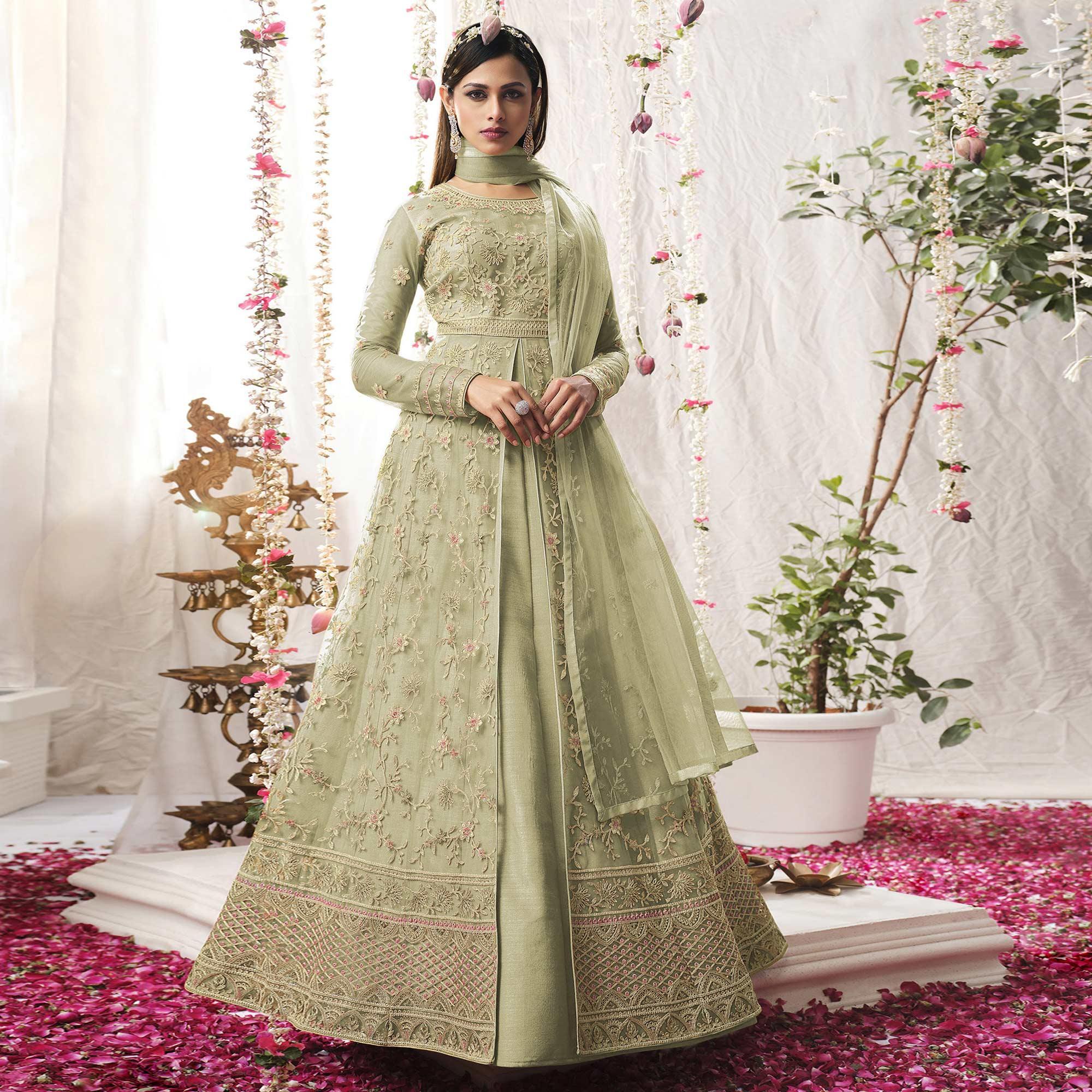 Green Embroidered Netted Anarkali Suit - Peachmode