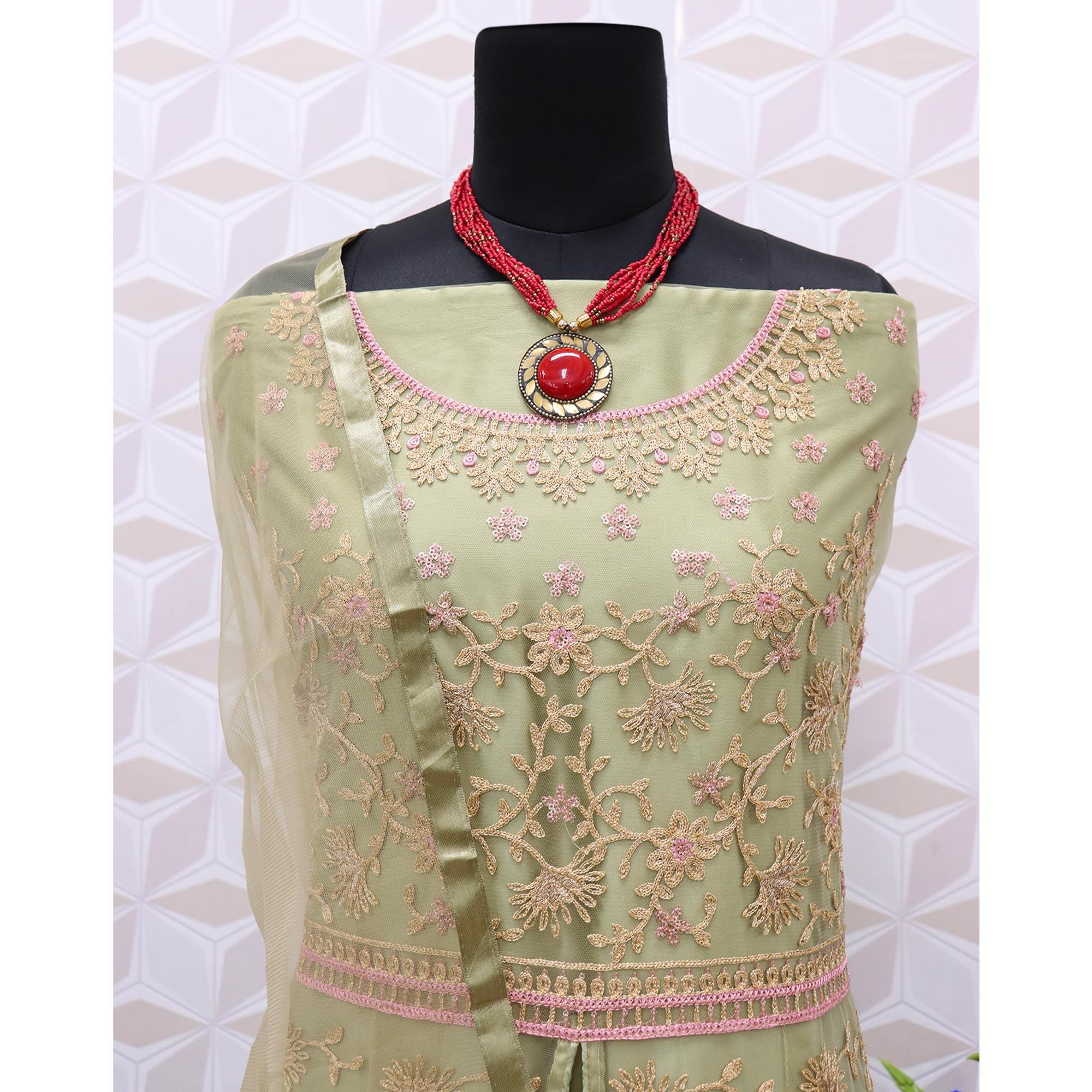 Green Embroidered Netted Anarkali Suit - Peachmode