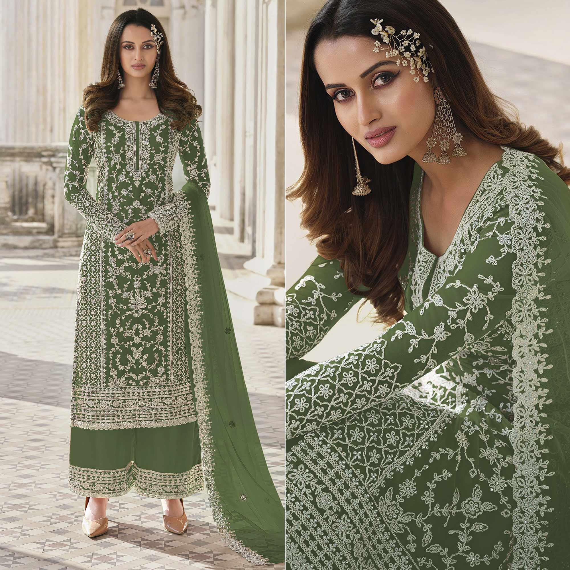Green Embroidered Netted Palazzo Suit - Peachmode