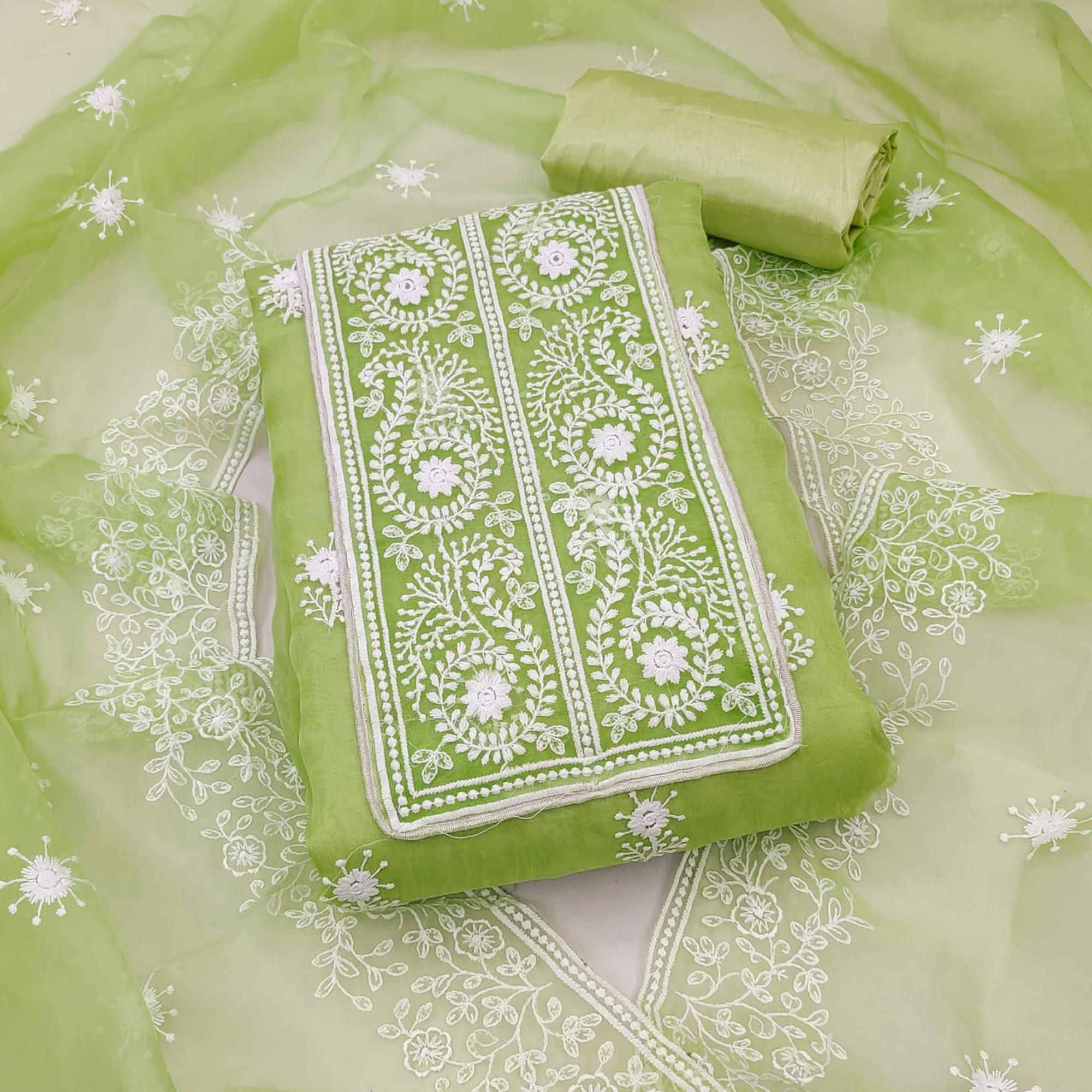 Green Embroidered Organza Dress Material - Peachmode